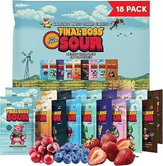 Final Boss Sour Candy Variety Pack, 18 Pack, All Sour Levels, Extreme Sour Fruit Chews with Real Dried Fruit, No Artificial Colors or Flavors, Low Calorie Snack for Kids, Teens & Adults