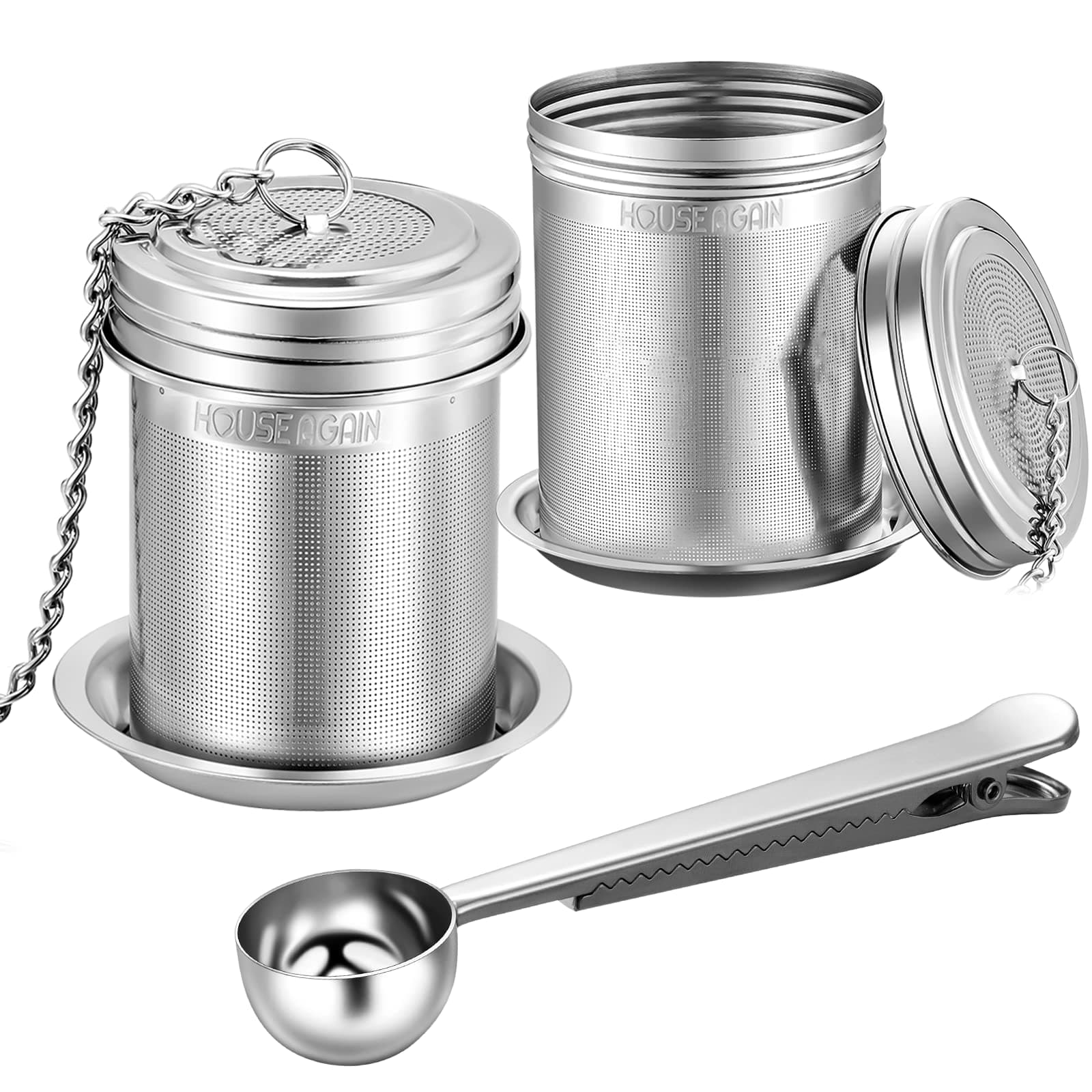 House Again Tea Infuser (2 Pack with Scoop), Extra Fine Mesh Tea Infusers for Loose Tea, 18/8 Stainless Steel Tea Strainer with Extended Chain Hook, Tea Steeper for Brew Tea, Spices & Seasonings