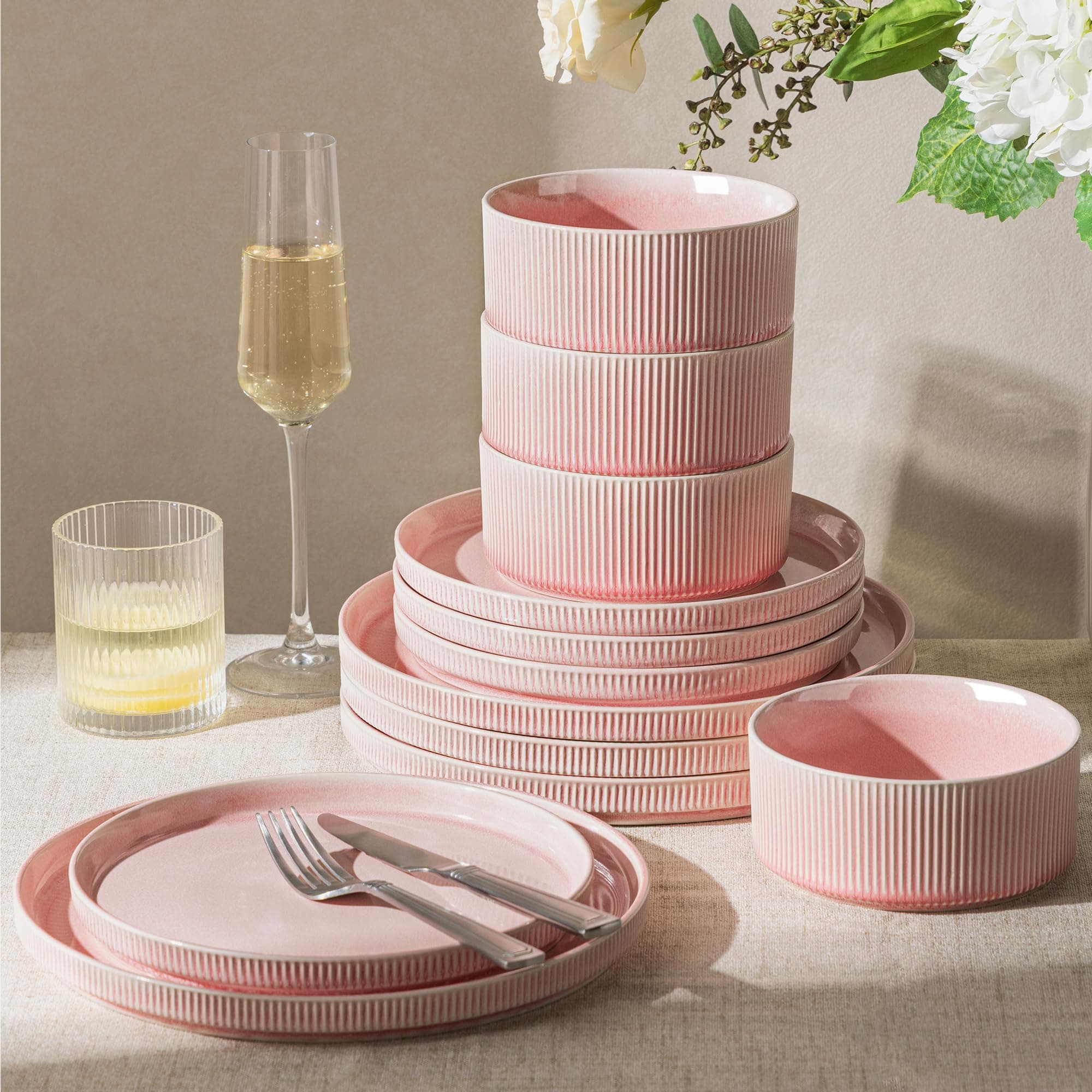 GBHOME 12-Piece Stoneware Dinnerware Set for 4 – Ribbed Ceramic Plates and Bowls, Scratch-Resistant, Microwave & Dishwasher Safe, Reactive Glaze, Blush Veil