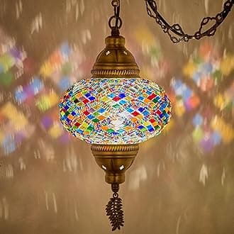 DEMMEX Authentic Turkish Plug in Pendant Light, 6.5" Big Size Globe, Made in Turkey, Turkish Moroccan Mosaic Ceiling Hanging Pendant Light Fixture Lamp, Swag Plug-in with 15ft Cord and Chain