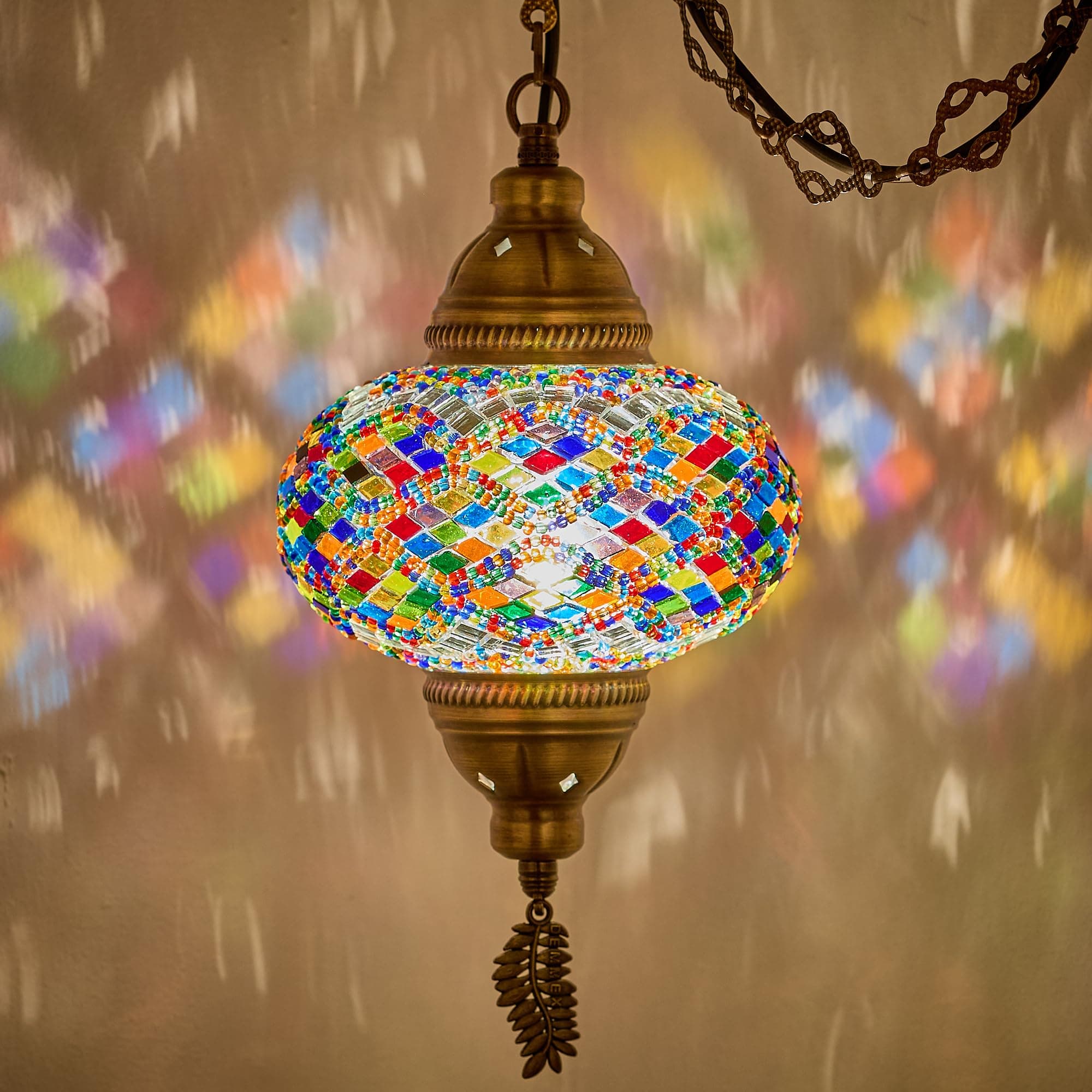 DEMMEX Plug-in Turkish Moroccan Mosaic Hanging Pendant Ceiling Light – Swag Lamp Fixture with 15ft Cord & Chain, Handcrafted Glass, Vintage Tiffany Style, Mediterranean Exotic Decor