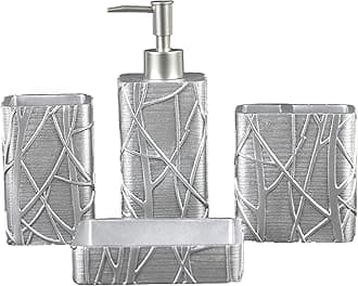 Hymmah Silver Bathroom Accessories Set,Toothbrush Holder,Farmhouse Bathroom Decor,4 Pcs Resin Gift Set Apartment Necessities, Contain Toothbrush Cup,Soap Dispenser,Soap Dish,Tumbler