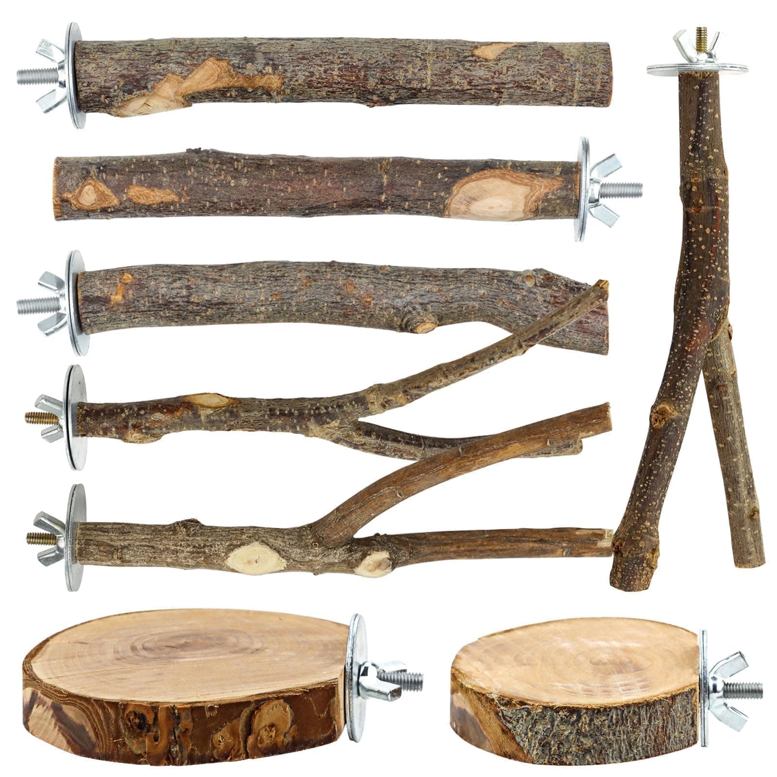 8 PCS Bird Perch Set for Cage - Natural Apple Wood Platforms & Hardwood Branches for Parakeets, Budgies, Cockatiels - Small Bird Habitat Gym, Climbing Stand & Safe Chew Toys