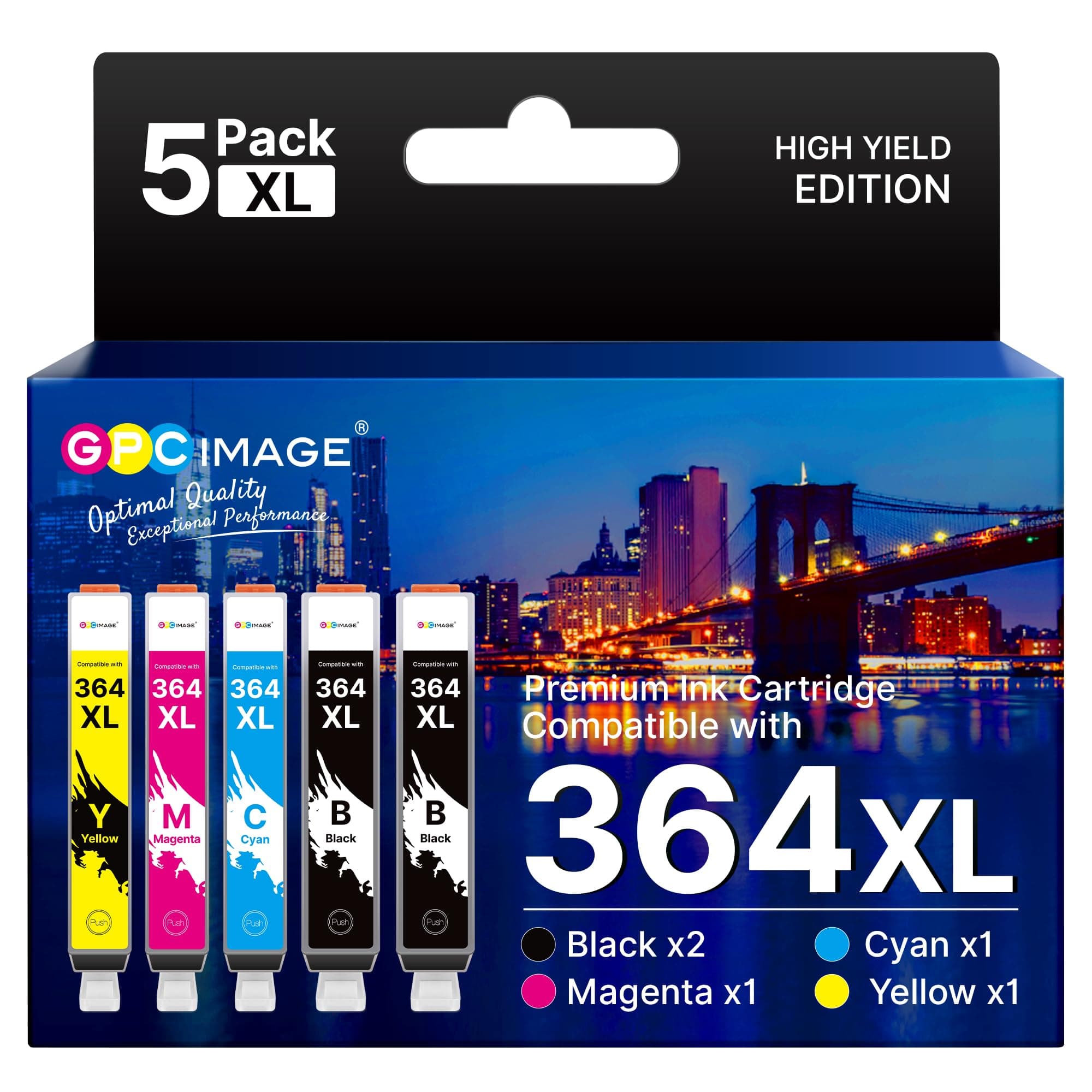 GPC Image 5-Pack 364XL Ink Cartridges Compatible for HP 364 Ink Cartridges Multipack for HP PhotoSmart 5510 5520 5522 5524 6510 6520 7510 7520 DeskJet 3070 3520 OfficeJet 4610 4620 (2BK/1C/1M/1Y)