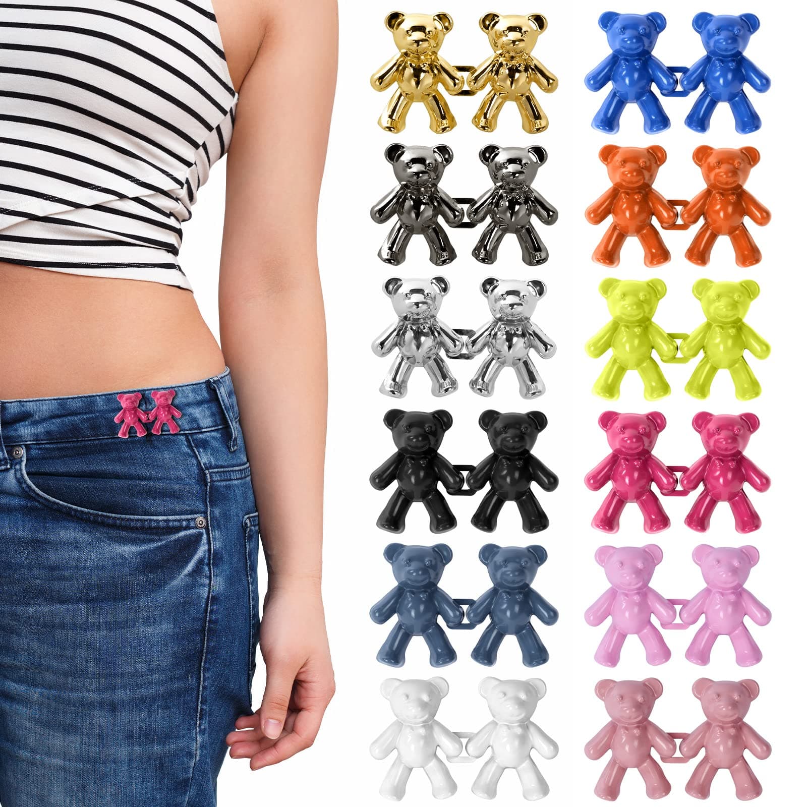 12pcs Button Pins for Jeans, Cute Bear Jean Buttons for Loose Jeans, Pins No Sew, Simple Installation Perfect Fit Jean Button Replacement Pant Waist Tightener Button Extenders for Jeans