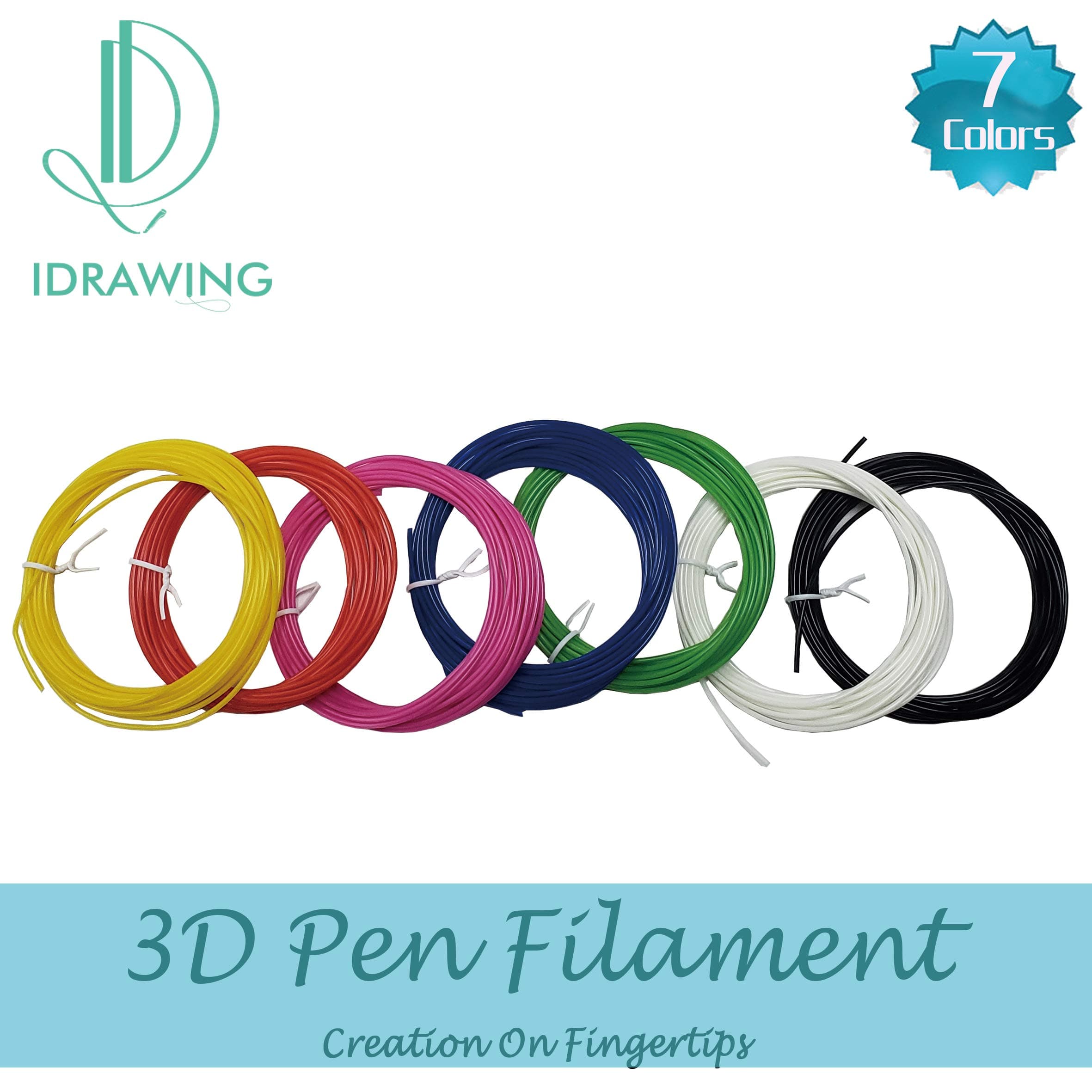 IDRAWING 1.75 mm 5M Refills Doodler 3D Pen PLA Filament for Kids (Black White Green Red Pink Blue Yellow)
