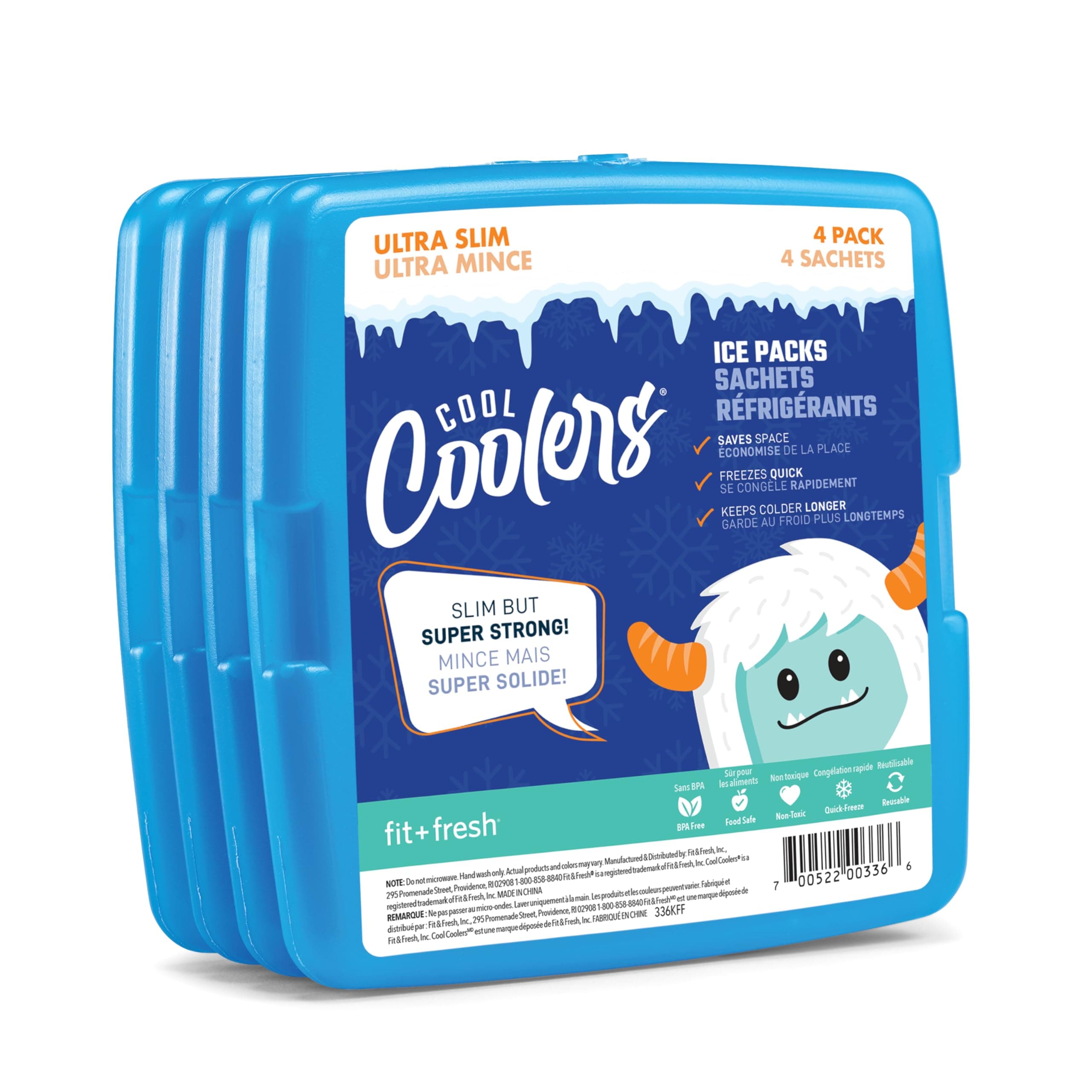 Fit & Fresh Cool Coolers Slim Reusable Ice Packs for Lunch Boxes, Lunch Bags and Coolers, Set of 4, Blue