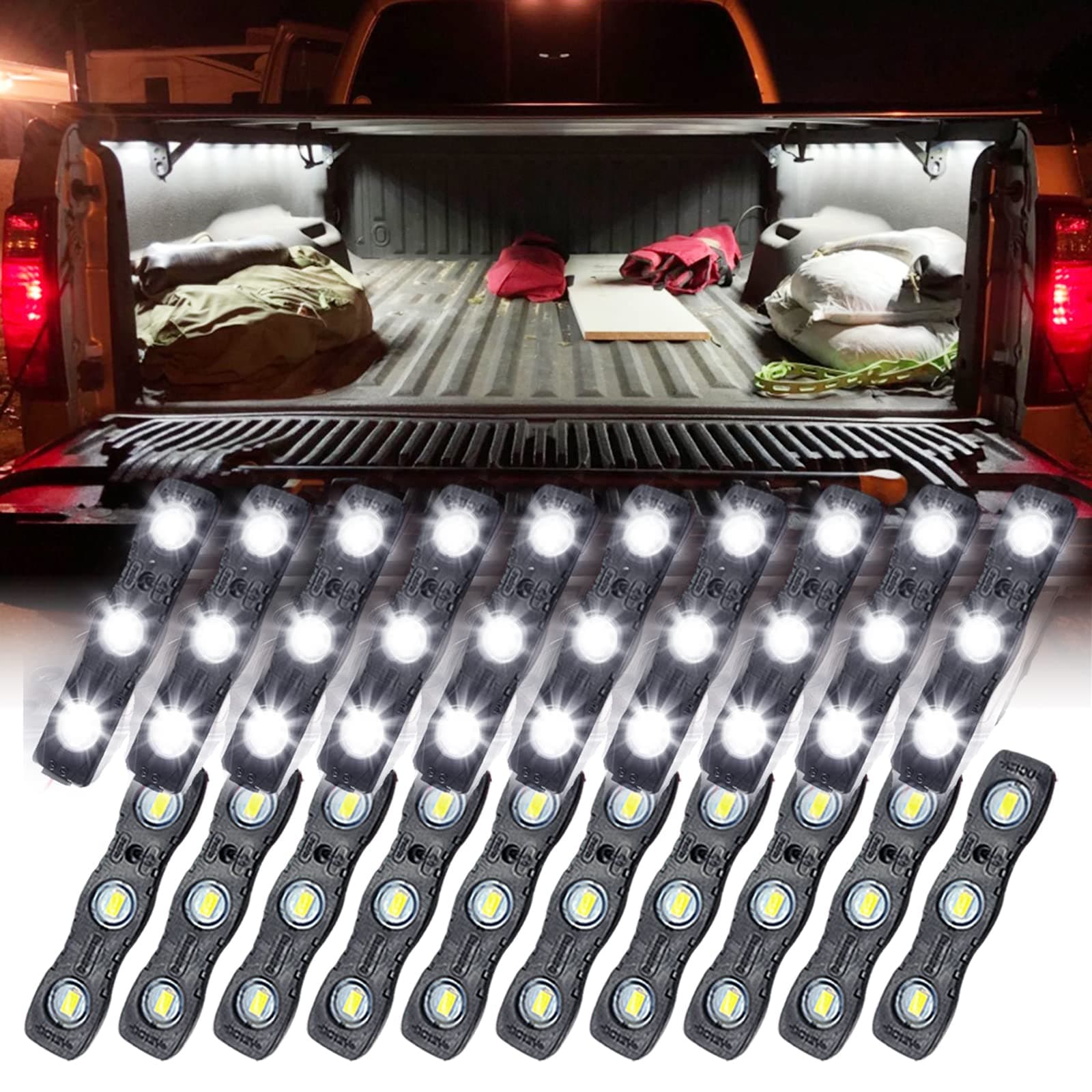 Ampper LED Truck Bed Light Kit, 60 LEDs Cargo Lighting Strips W/Switch Fuse Splitter Cable for Truck Bed, Foot Wells, Under Car, Rail Light and More (2 Strips, 20 Pcs, White)