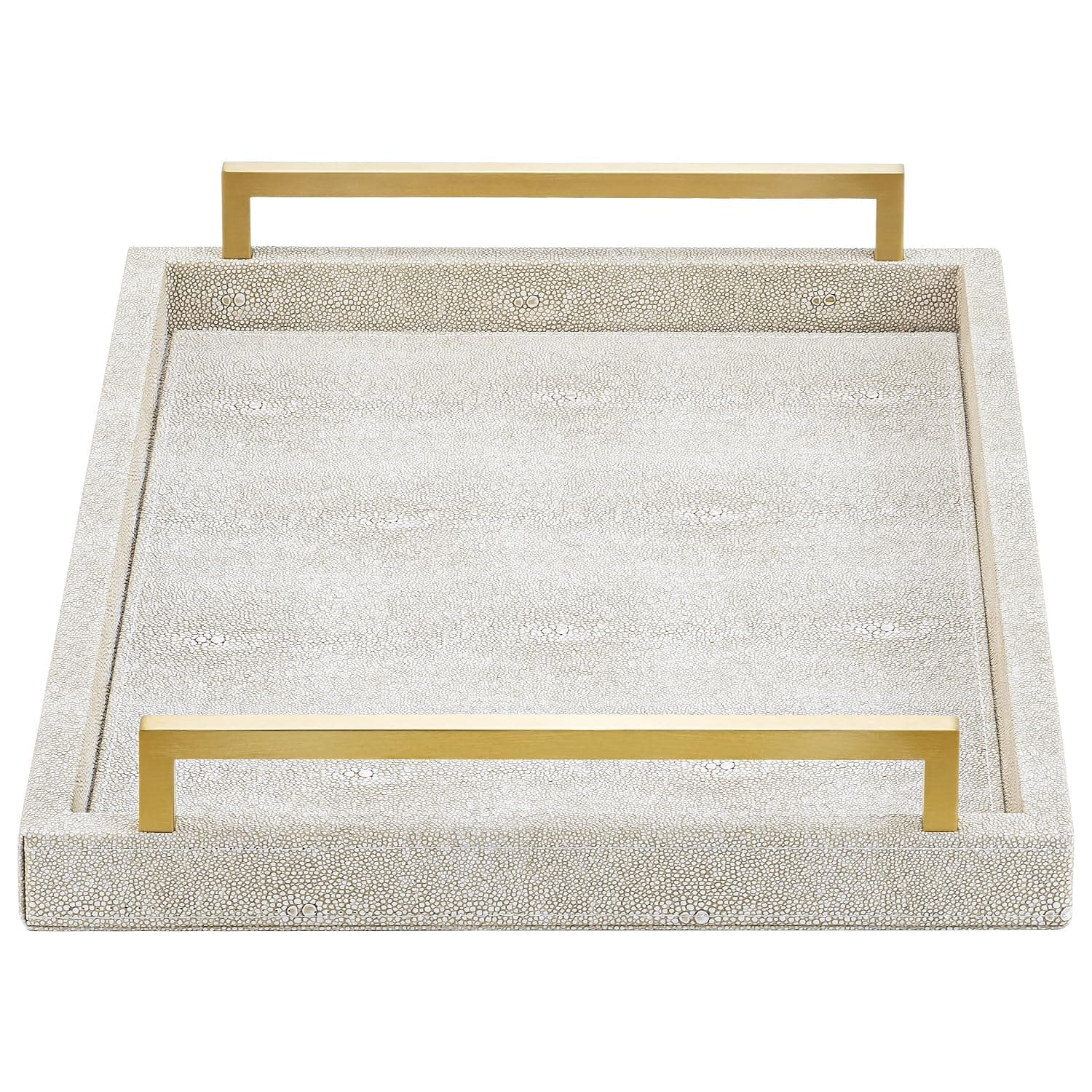 Ivory Shagreen Decorative Tray Large Rectangle Coffee Table Tray for Ottoman Faux Leather Serving Tray with Brushed Gold Handles