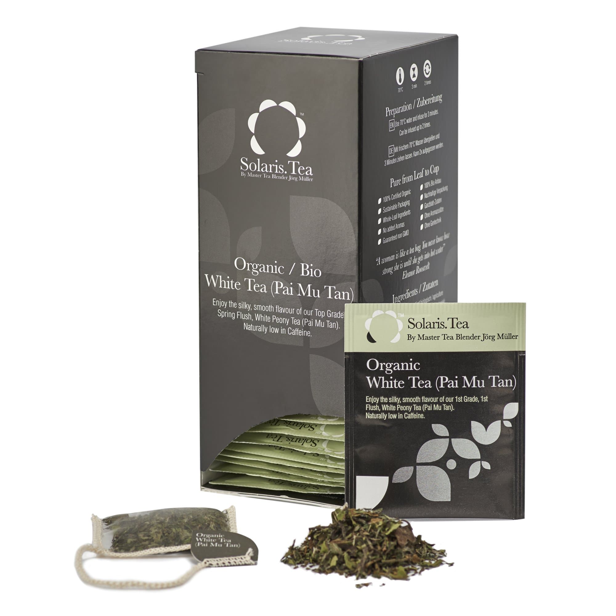 Solaris Tea - Organic White Tea (Pai Mu Tan) | 100% Organic Whole Leaf Tea | Certified Vegan | 40x Biodegradable Stitched Teabags, (1 x 60 g)