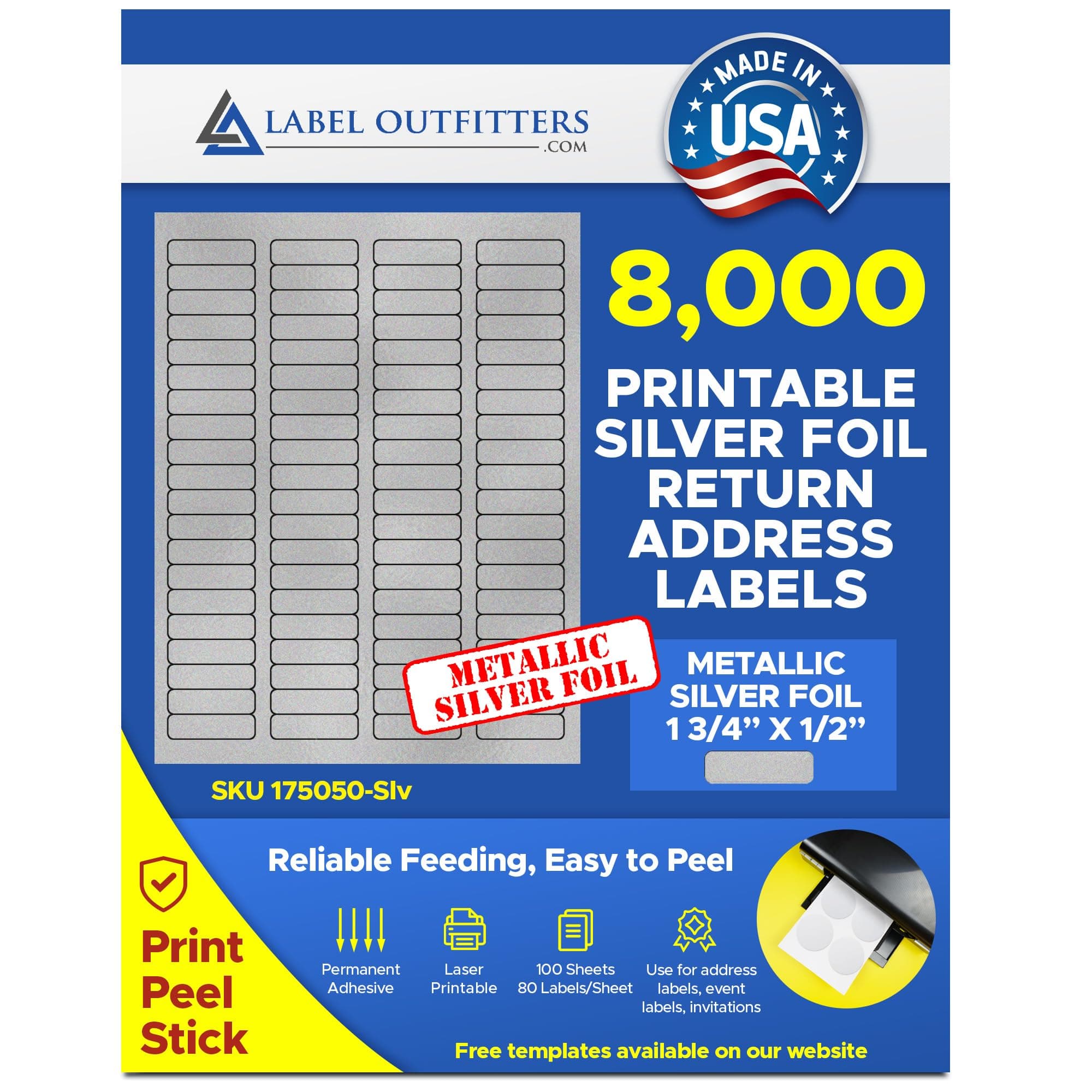 8,000 Label Outfitters 1.75" x .5" Printable Silver Metallic Foil Laser Labels, 100 Sheets