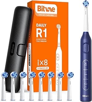 Bitvae R1 Rotating Electric Toothbrush with 8 Brush Heads for Adults and Kids, 60-Day Battery Life, 5 Modes Rechargeable Power Toothbrush with 2-Minute Smart Timer, Dark Blue