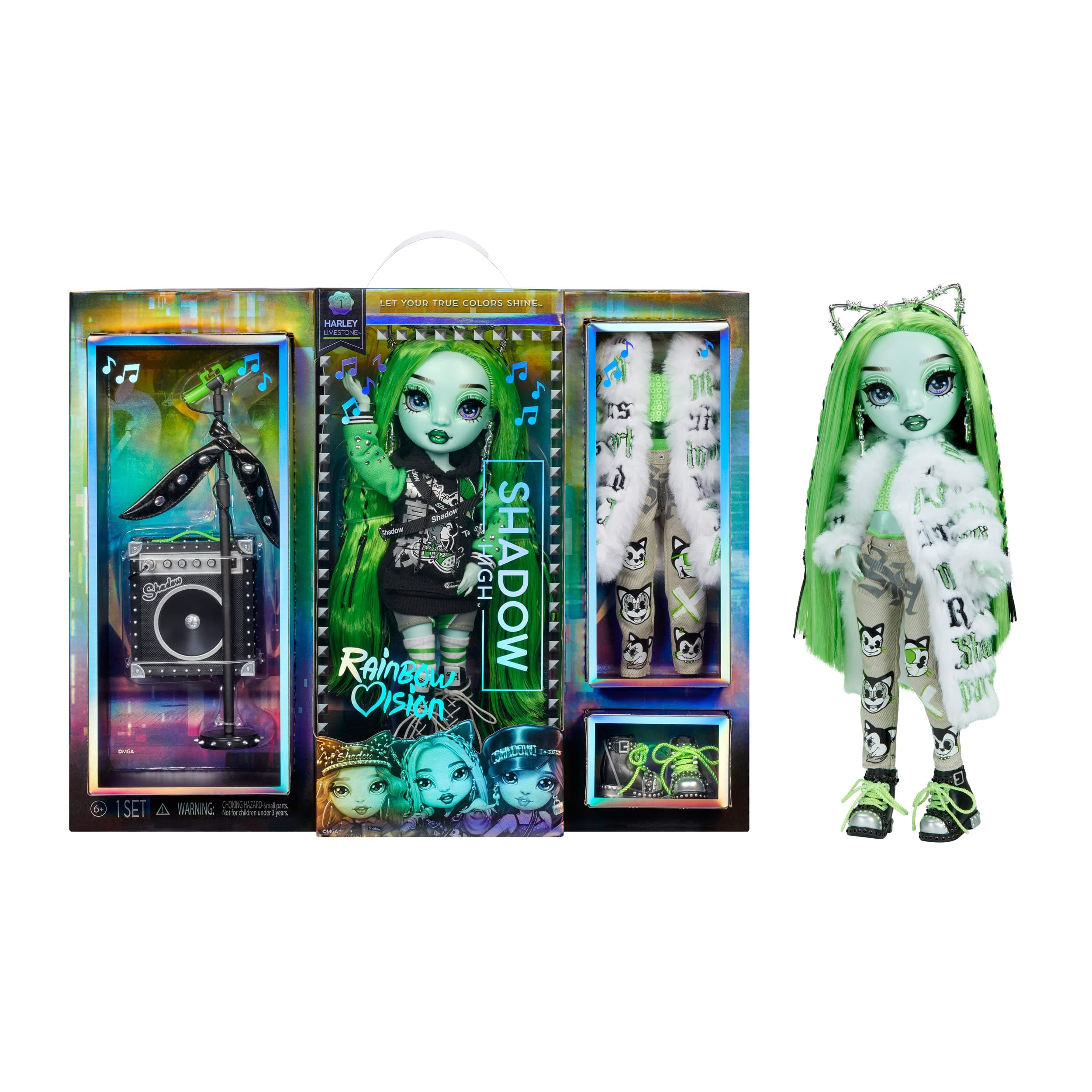 Vision and Neon Shadow-Harley Limestone (Neon Green) Posable Fashion Doll. 2 Designer Outfits to Mix & Match, Rock Band Accessories Playset, Great Toy Gift Kids 6-12 Years & Collector