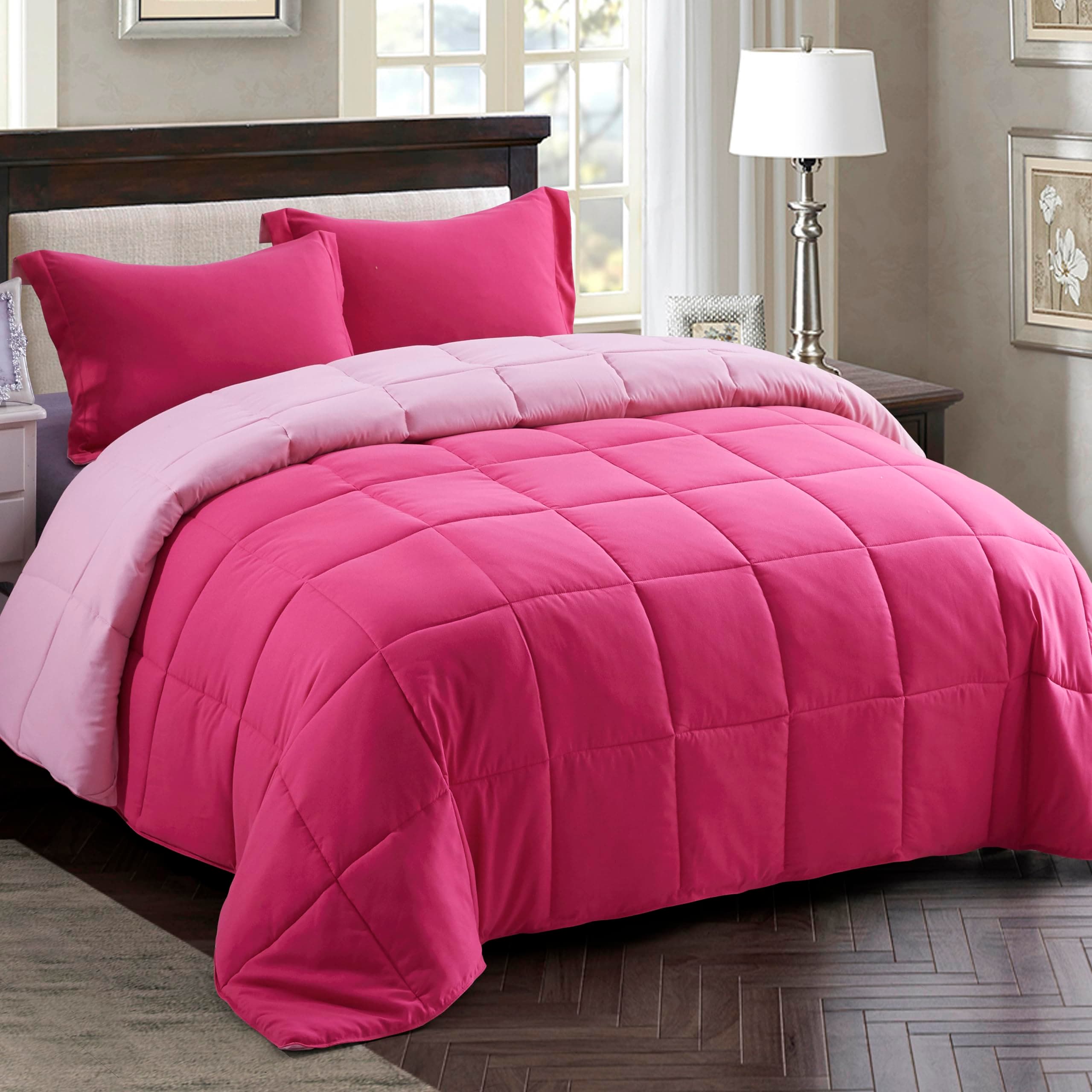 HIG 3pc Pink Queen Size Comforter Set - All Season Reversible Down Alternative Bedding Comforter Set - Quilted Duvet Insert with Corner Tabs - Box Stitched Blanket - Breathable, Soft, Fluffy