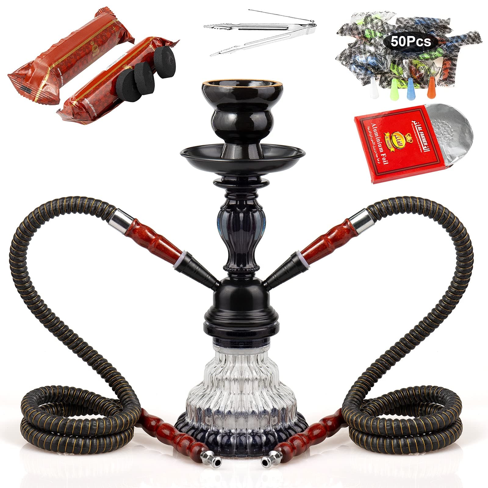 2 Hose Hookah Set, 11” Glass Hookah Shisha with Stable Glass Vase Base with Coals, Tips and Foil Covers, Ready Gift