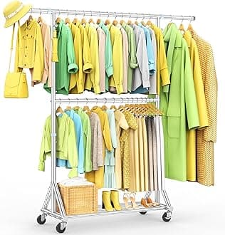 Heavy Duty Double Rods Clothes Rack Load 860LBS, Adjustable Portable Clothing Racks for Hanging Clothes, Rolling Garment Rack With Wheels Shelf, Sturdy Freestanding Closet Rack, 100% Stainless Steel