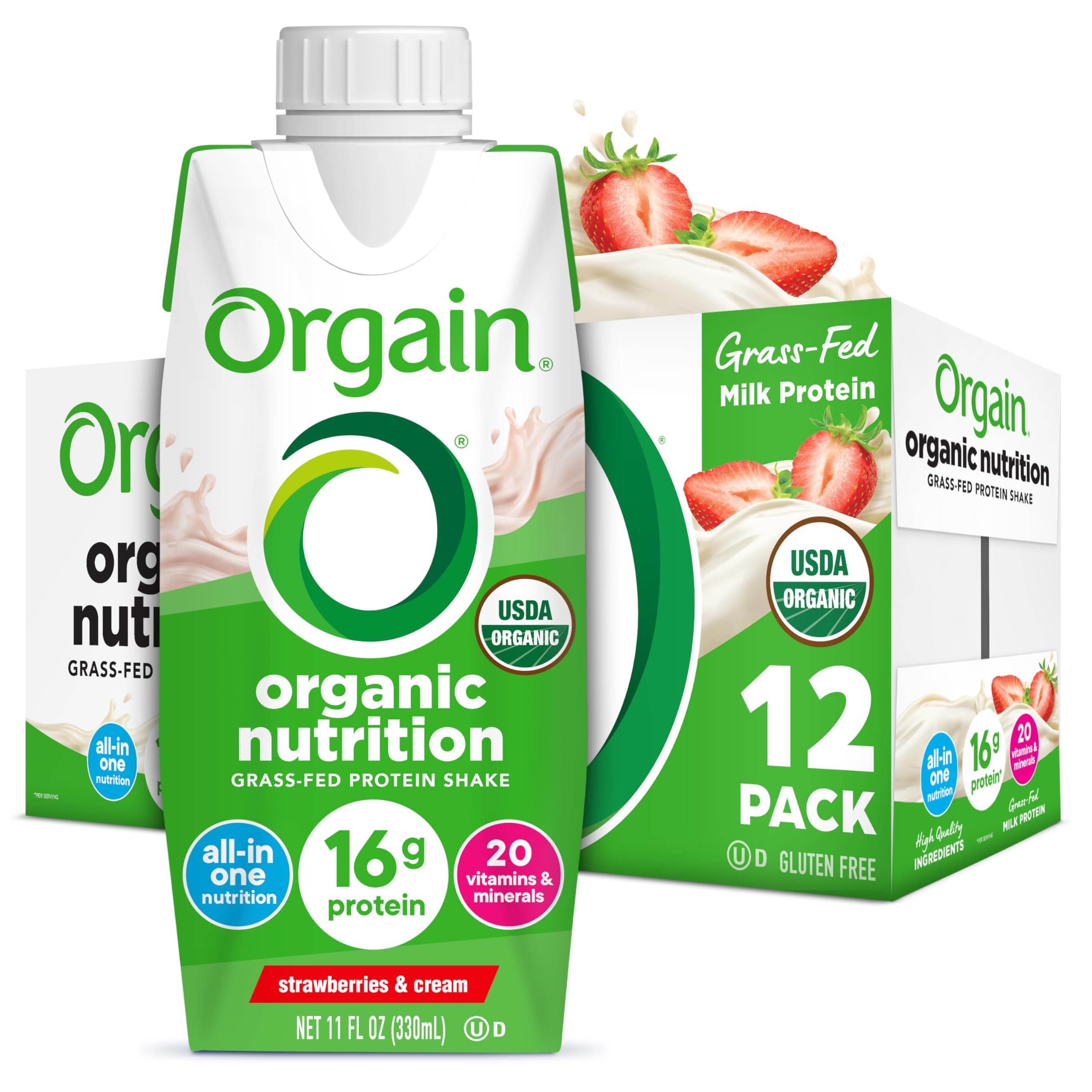 Orgain Organic Nutritional Protein Shake, Strawberries & Cream - 16g Grass Fed Whey Protein, Meal Replacement, 20 Vitamins & Minerals, Fruits & Vegetables, Gluten Free, Non-GMO, 11 Fl Oz (12 Pack)