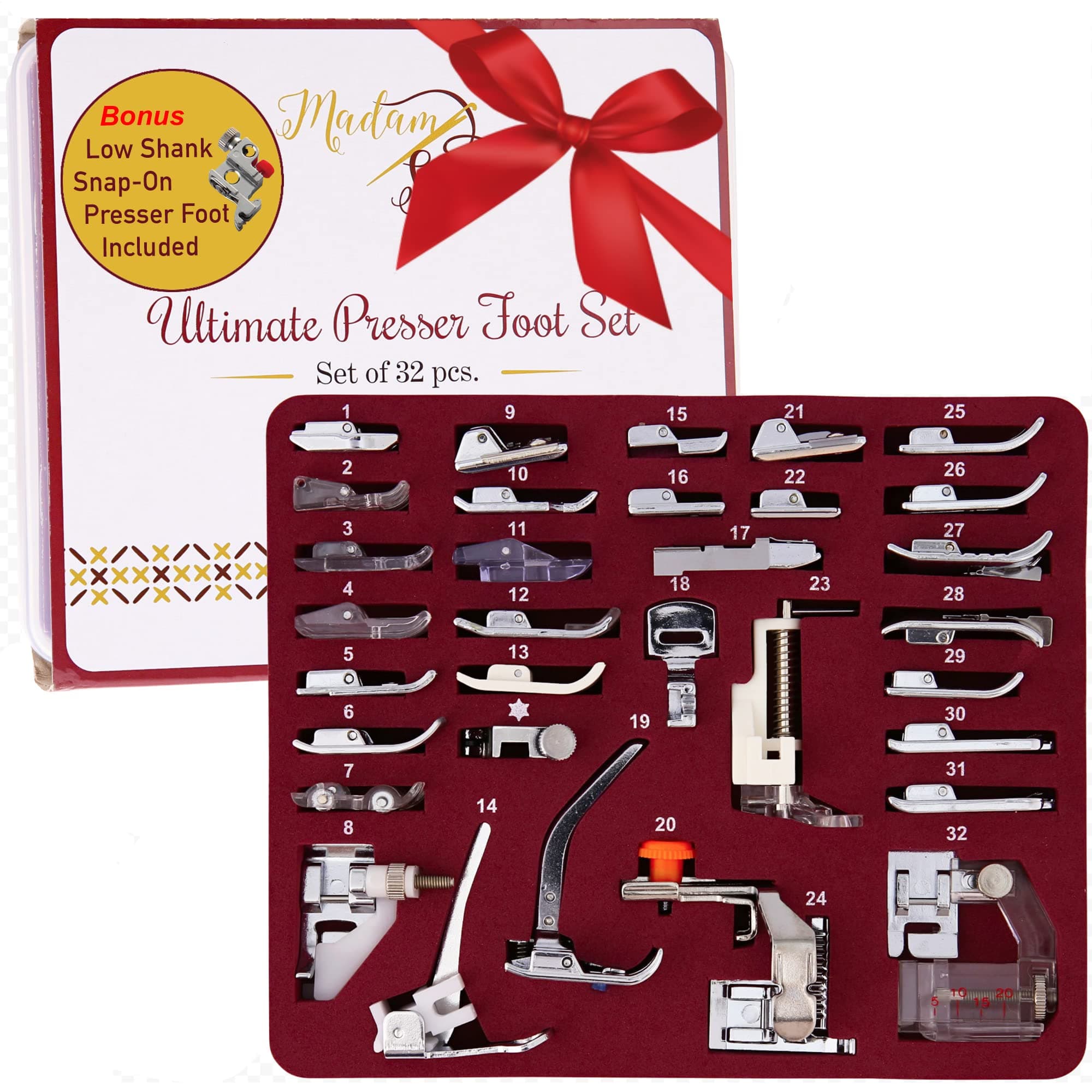 Madam Sew Presser Foot Set 32 PC Set | The ONLY Sewing Machine Presser Foot Kit with Manual & Deluxe Storage Case | Numbered Slots for Organization | Compatible with Most Brother Sewing Machine Feet