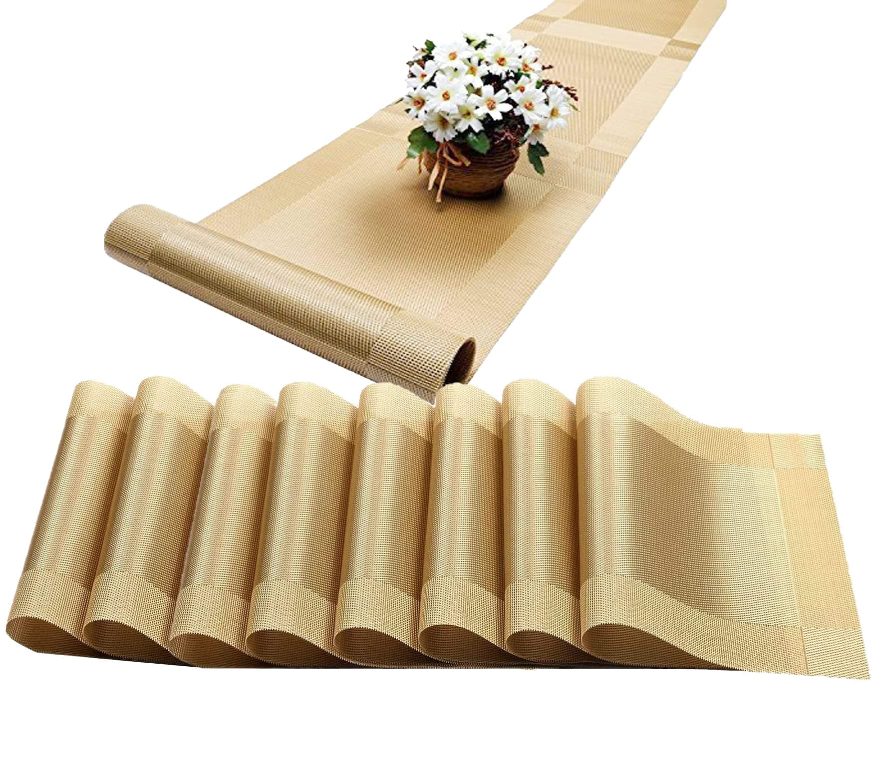 Table Runner and Placemats Set of 8 - PVC Table Mats - PlaceMats for Dining Table - PVC Table Mats - Kitchen mats (8-Piece Placemat, 1-Piece Runner, Gold)