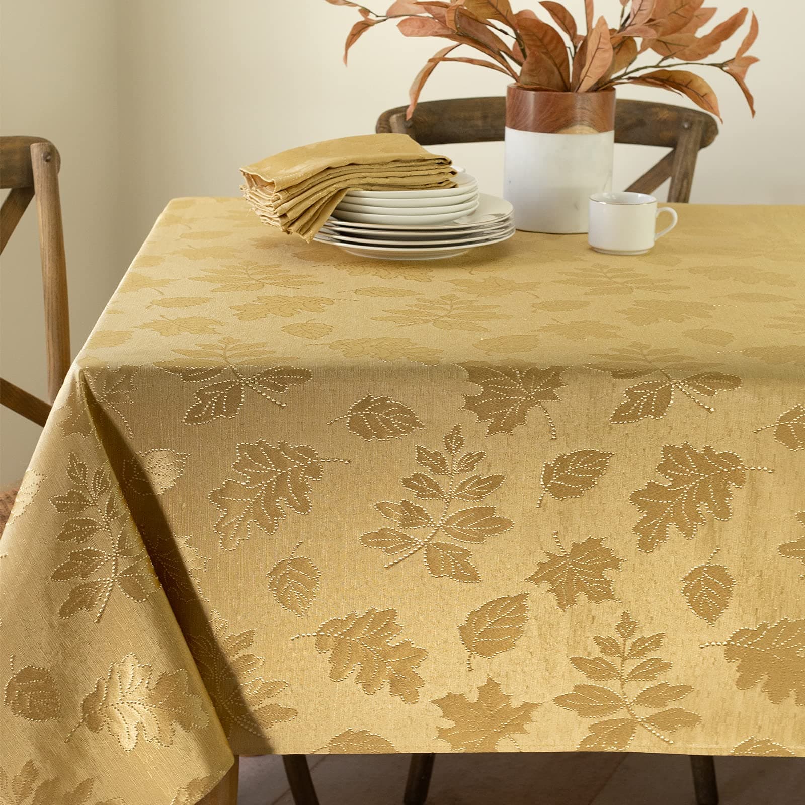 Benson Mills Harvest Legacy Damask Fabric Table Cloth Fall, Harvest, and Thanksgiving Tablecloth (Gold, 60" x 120" Rectangular)