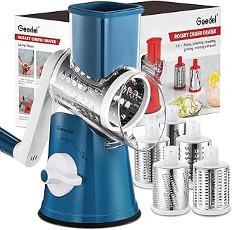 Geedel Rotary Cheese Grater Cheese Shredder - Upgraded 5-in-1 Cheese Grater with Handle and Strong Suction Base, Multi-purpose Vegetable Slicer Ice Shaver Nuts Grinder for Ice, Vegetables, Fruit, Nuts