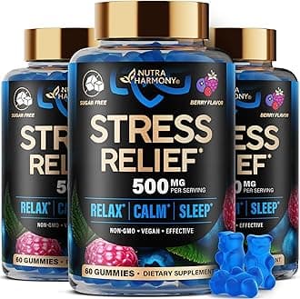 Stress Relief Support 500 mg - Relax, Calm & Sleep Support - Stress Gummies with L-Theanine | GABA | Ashwagandha | 5-HTP | Vitamin B6 & Magnesium - Sugar-Free, Vegan, Mixed Berry Flavor, Pack of 3