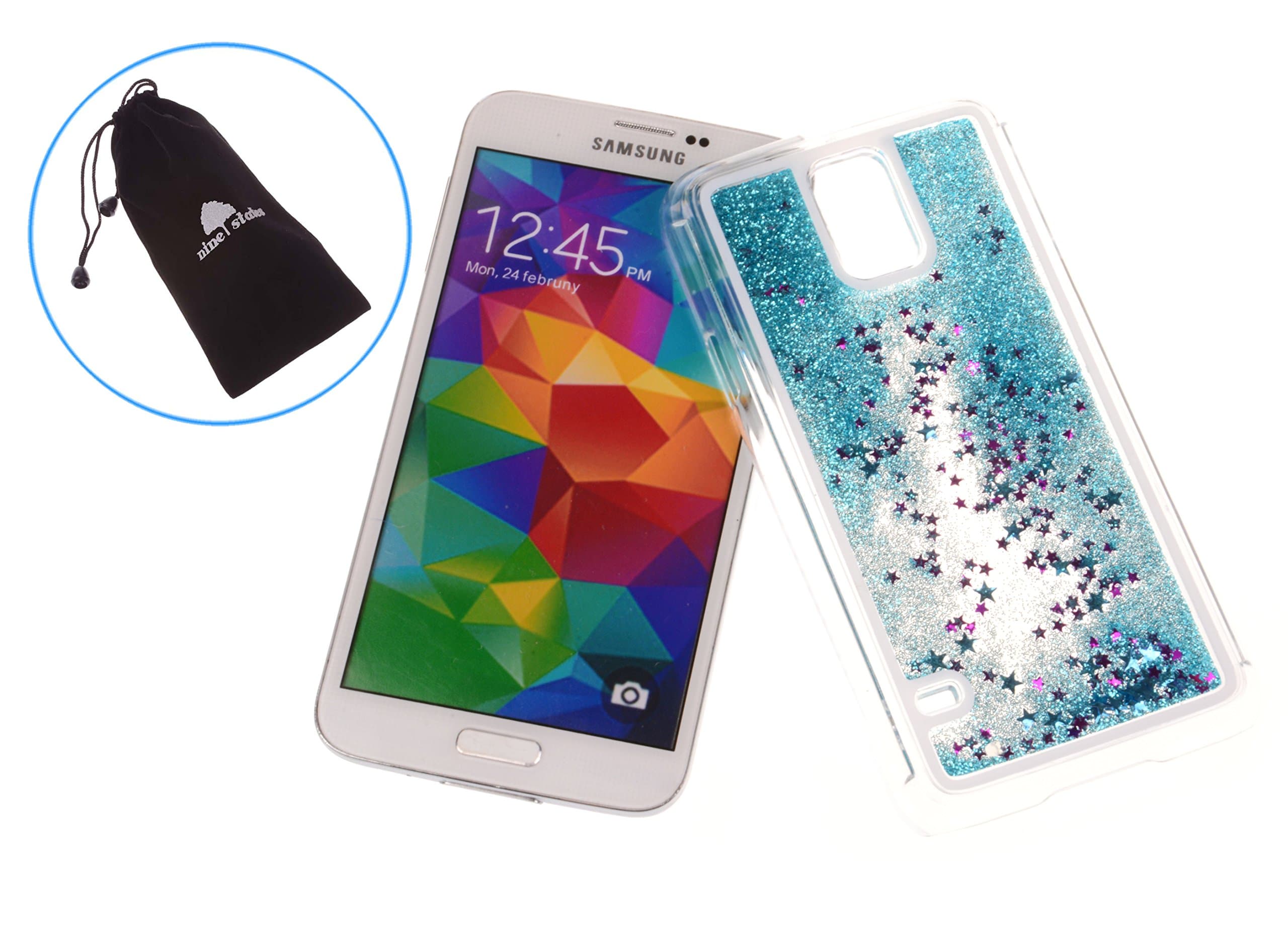 Nine States Transparent Plastic 3D Glitter Quicksand Stars Liquid Case for Samsung Galaxy S5 (Blue) + a Nine States Logo Pouch