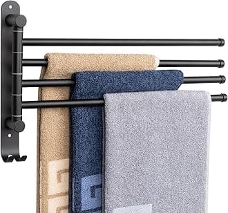 NearMoon Swivel Towel Rack, 13.8" Thicken 304 Stainless Steel 4-Arm Towel Bar, Space Saving Wall Mounted Towel Holder with Hook, Rustproof Swing Out Towel Hanger for Bathroom, Kitchen (Matte Black)