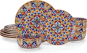 12 Pieces Dinnerware Sets, Orange Plates and Bowls Set, Porcelain Dishes Set for 4, Microwave and Dishwasher Safe, Scratch Resistant, Bohemian Style Dining Ware Service for 4, Series SIMI
