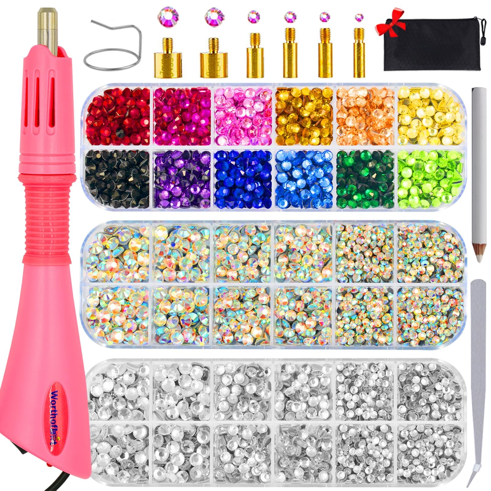 Worthofbest Hotfix Rhinestone Setter, Hot Fix Applicator Tool Bedazzler Kit with rhinestones, Kit, Hot Fixed Wand for Clothes Clothing Fabric Crafts, 5000 Pcs, AB Crystal, Clear, 3 Gems Sizes, Tips