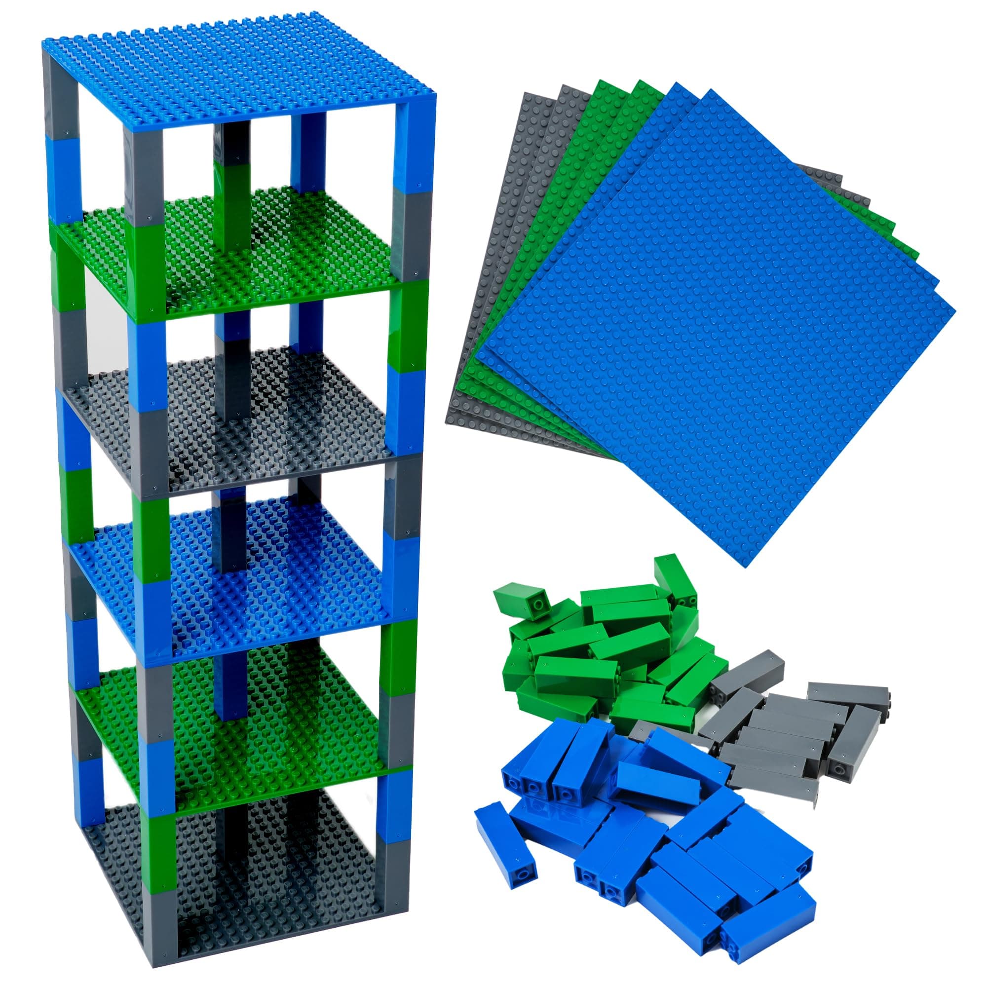 Classic Baseplates 6" x 6" Brik Tower by Strictly Briks | 100% Compatible with All Major Brands | Building Bricks for Towers, Shelves and More | 6 Baseplates & 50 Stackers in Blue Green & Gray