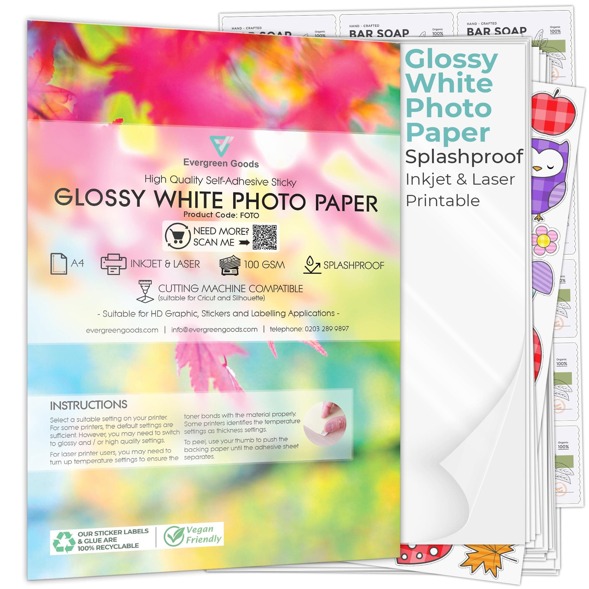 Evergreen Goods 10 Sheets A4 Glossy White Self-Adhesive Paper | Easy Peel Sticky Back Printable Paper | Inkjet & Laser Printers | Ideal for Custom Label | Strong Stickers Crafts Office & DIY Projects