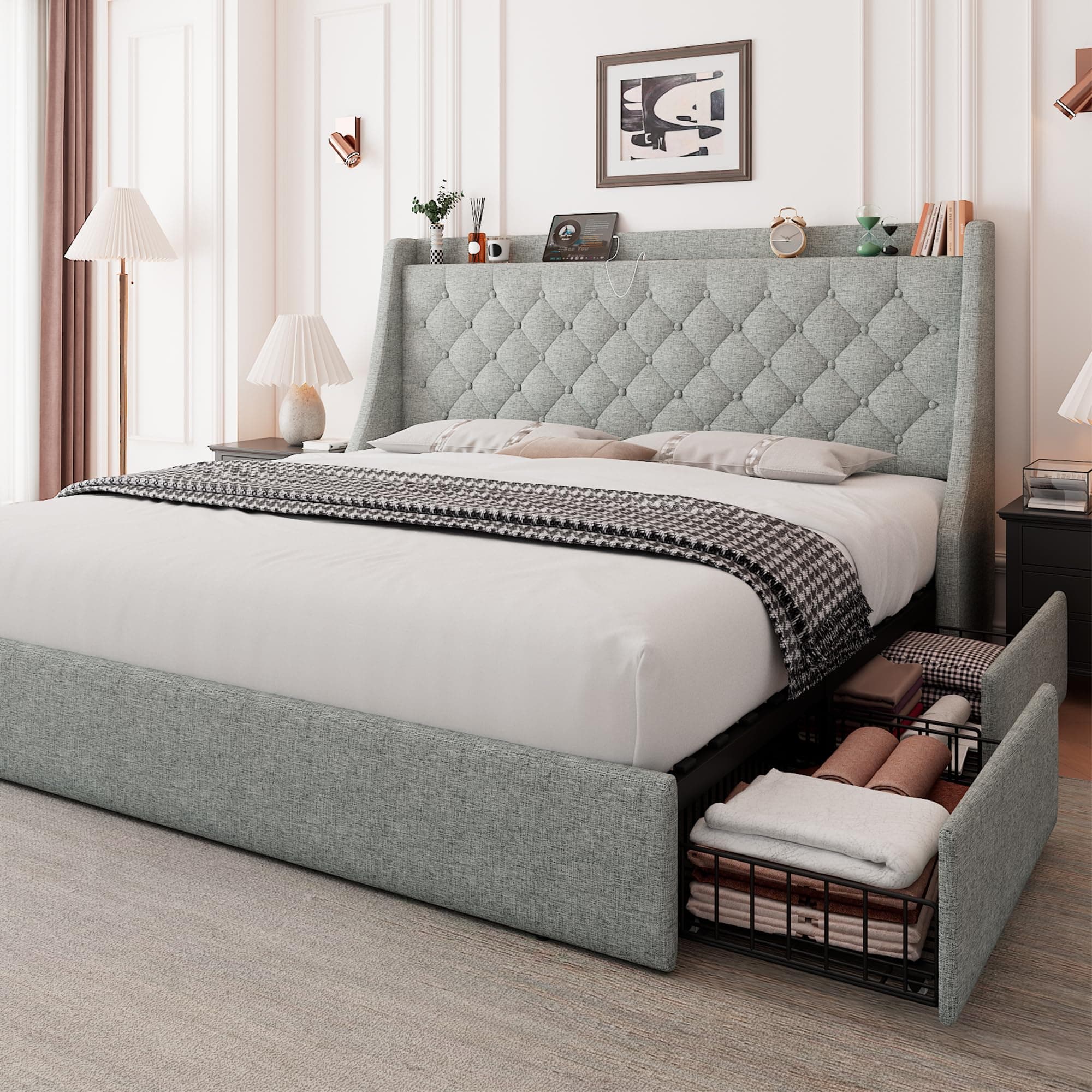 Queen Size Bed Frame with 4 Storage Drawers, Upholstered Storage Bed with Charging Station, Tufted Wingback Headboard, No Box Spring Needed, Light Grey, FEO737