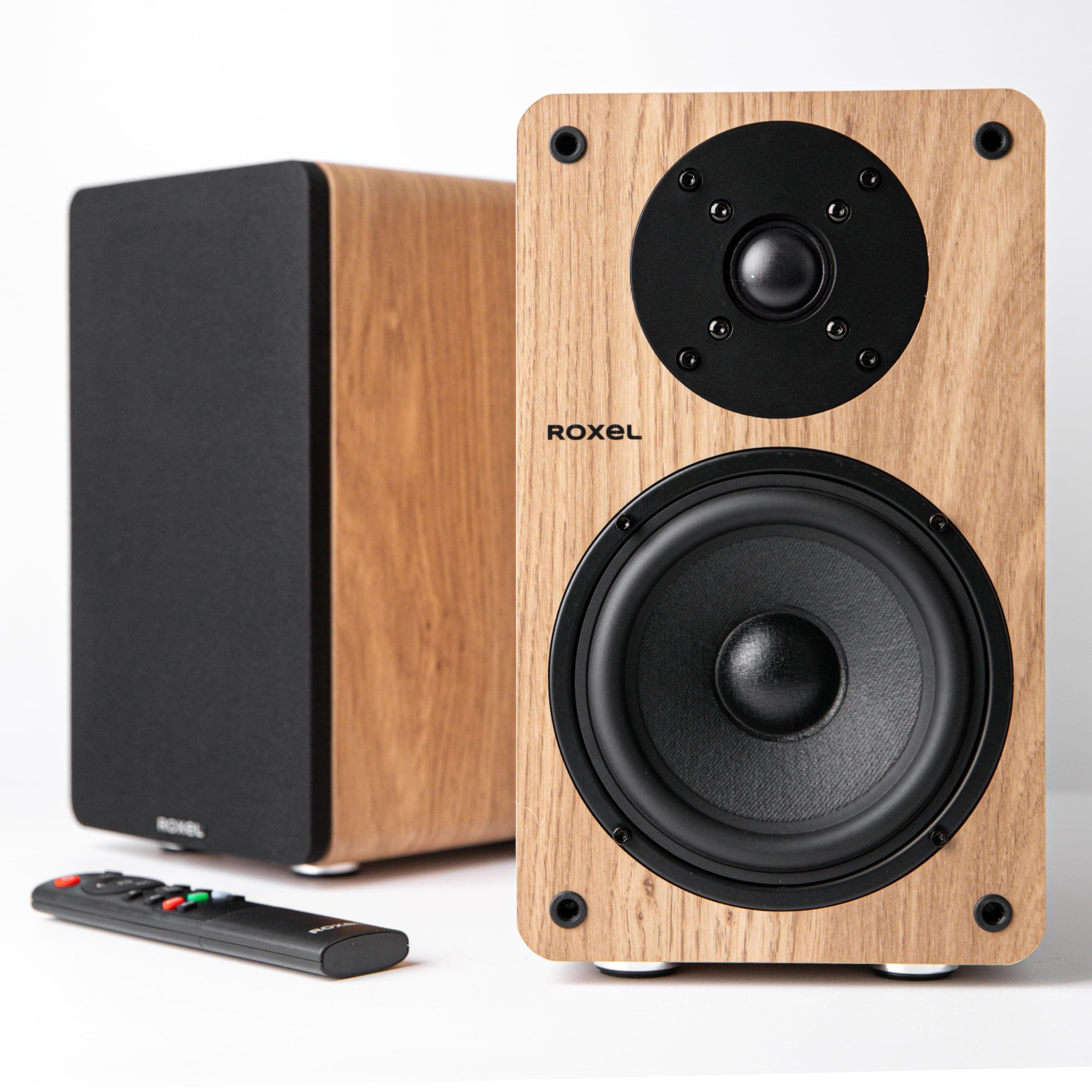 – Roxel Onyx Active Bookshelf Speakers, 100-Watt RMS Power, Wireless BT 5.0 Streaming, HDMI ARC, 3-Metre Speaker Cable, Dynamic Sound for Movies, Music, Office, Home Theatre (Oak)