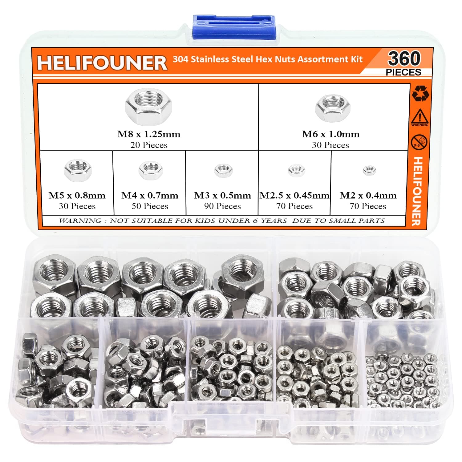 360 Pieces 7 Sizes 304 Stainless Steel Hex Nuts Assortment Kit (M2 M2.5 M3 M4 M5 M6 M8)
