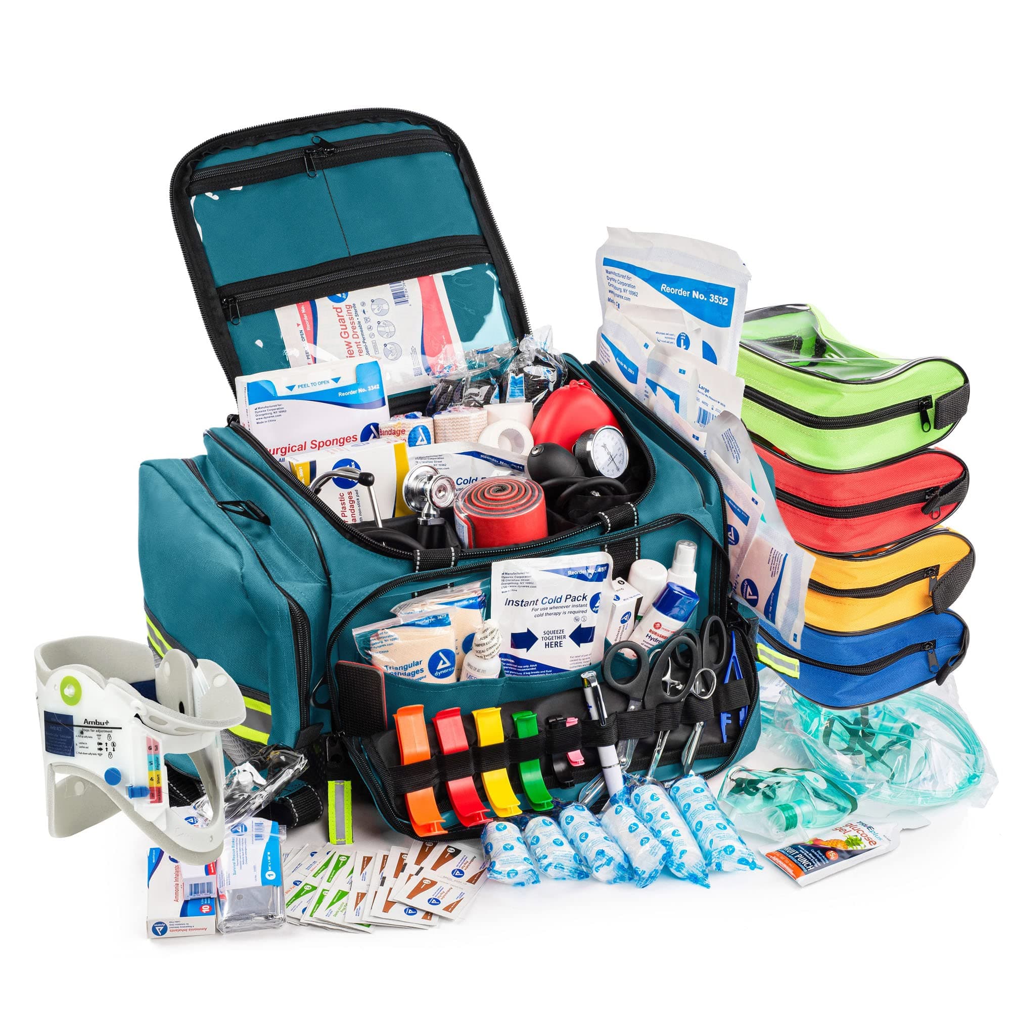 Scherber Fully-Stocked First Responder Professional Advanced EMT/EMS Trauma Kit | HSA/FSA Approved | Reflective Bag w/10+ Compartments, Zippered Pockets & 250+ First Aid Supplies (Blue)