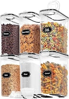 Cereal Containers Storage of 6 [4L/135.2 oz], Airtight Food Storage Containers with Lids, Plastic Cereal Dispensers for Kitchen & Pantry Organizers and Storage, Measuring Cup & 20 Labels