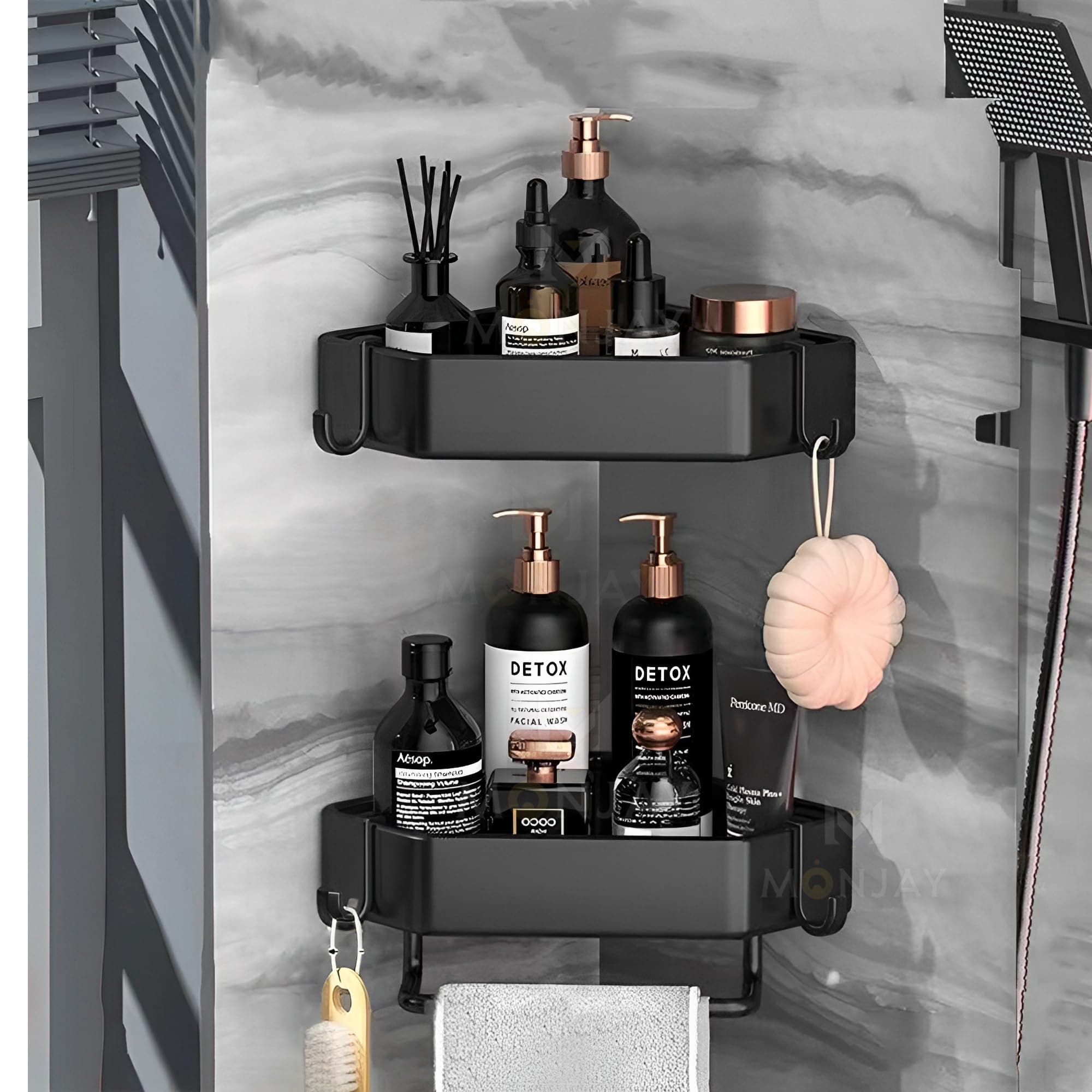 MONJAY Self-Adhesive Aluminium Bathroom Corner Shelf Rack Bathroom Corner Organizer Stand Bathroom Organisers Storage Racks Bathroom Shelf/Shelves Corner (King)(2 Shelf)