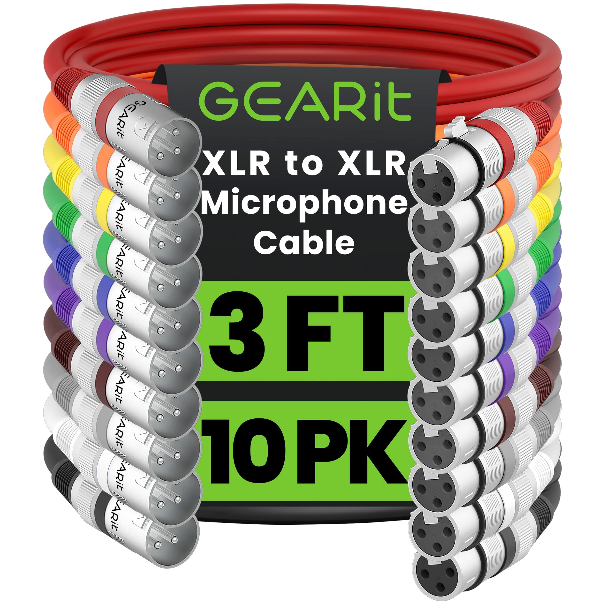 XLR to XLR Microphone Cable (3 Feet, 10 Pack) XLR Male to Female Mic Cable 3-Pin Balanced Shielded XLR Cable for Mic Mixer, Recording Studio, Podcast - Multi Colored, 3Ft, 10 Pack