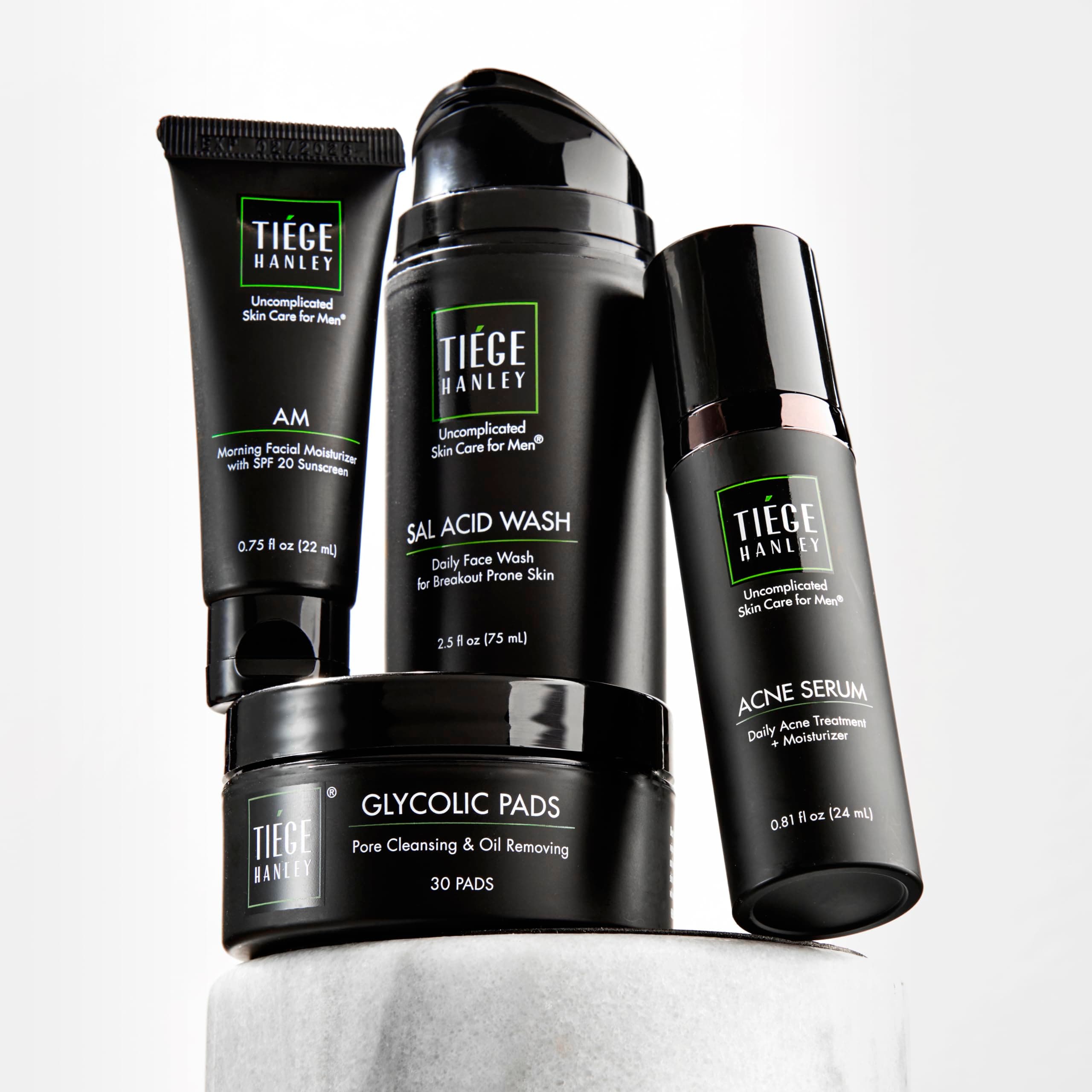 Tiege Hanley Men's Blemish Treatment System (Level 2), The TiegeClear Advanced Routine for Smooth Skin - Includes Sal Acid Wash, Glycolic Pads, Serum, and Moisturizer - All Skin Types
