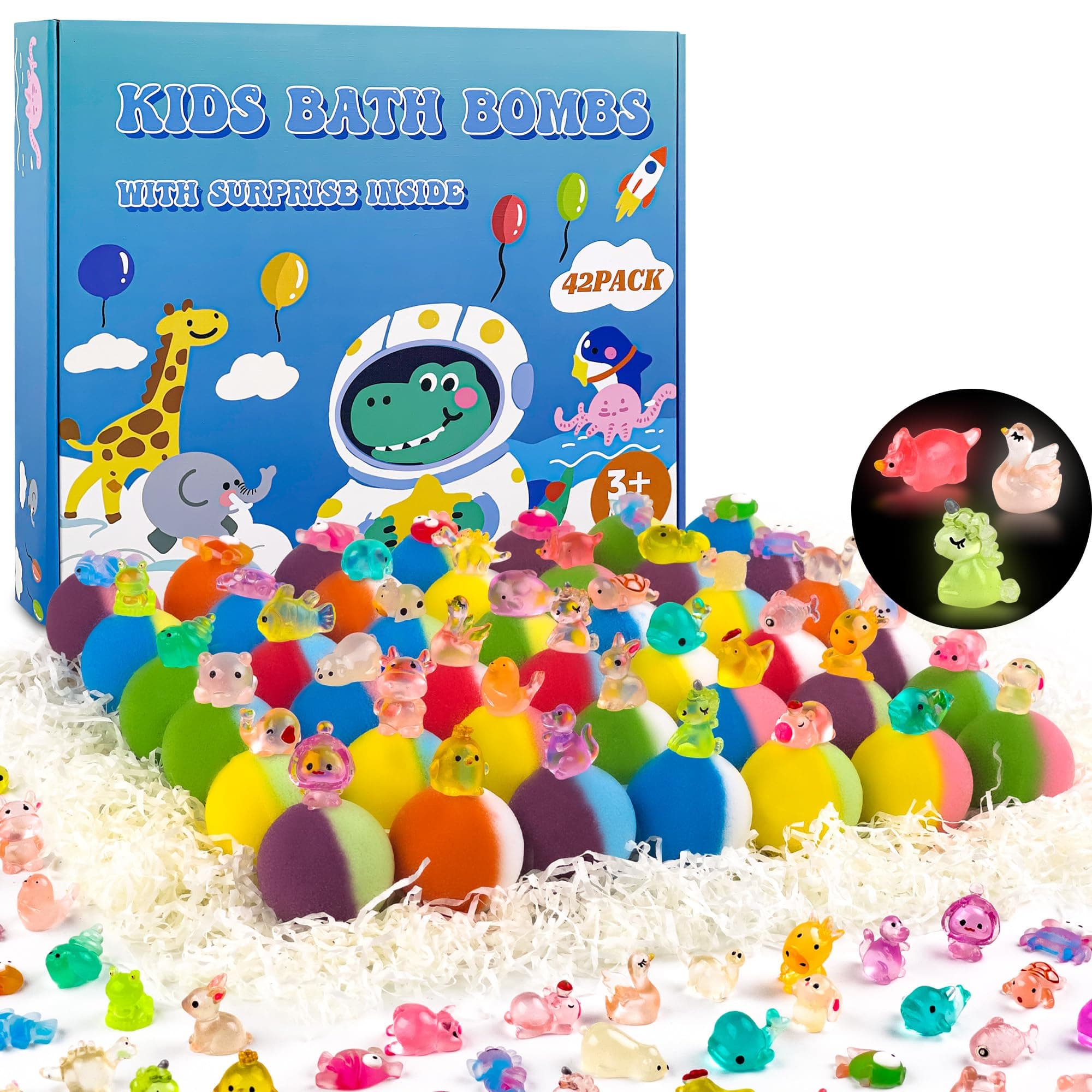 Bath Bombs for Kids with Surprise Toy Inside, 42 Pack Kids Bath Bombs Geft Set with 34 Glow-in-The-Dark Toy & 8 Sea Animal Toy Inside, Organic Bubble Fizzy for Boys and Girls.