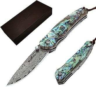 Father's Day, Mother's Day & Birthday Gift for Him Her - ALBATROSS Folding Pocket Knife - 6.5" Damascus Steel Blade with Abalone Seashell Handle, Handcrafted 71-Layer Modern Knife with Liner Lock System, Luxury Gift Box-HGDK015B