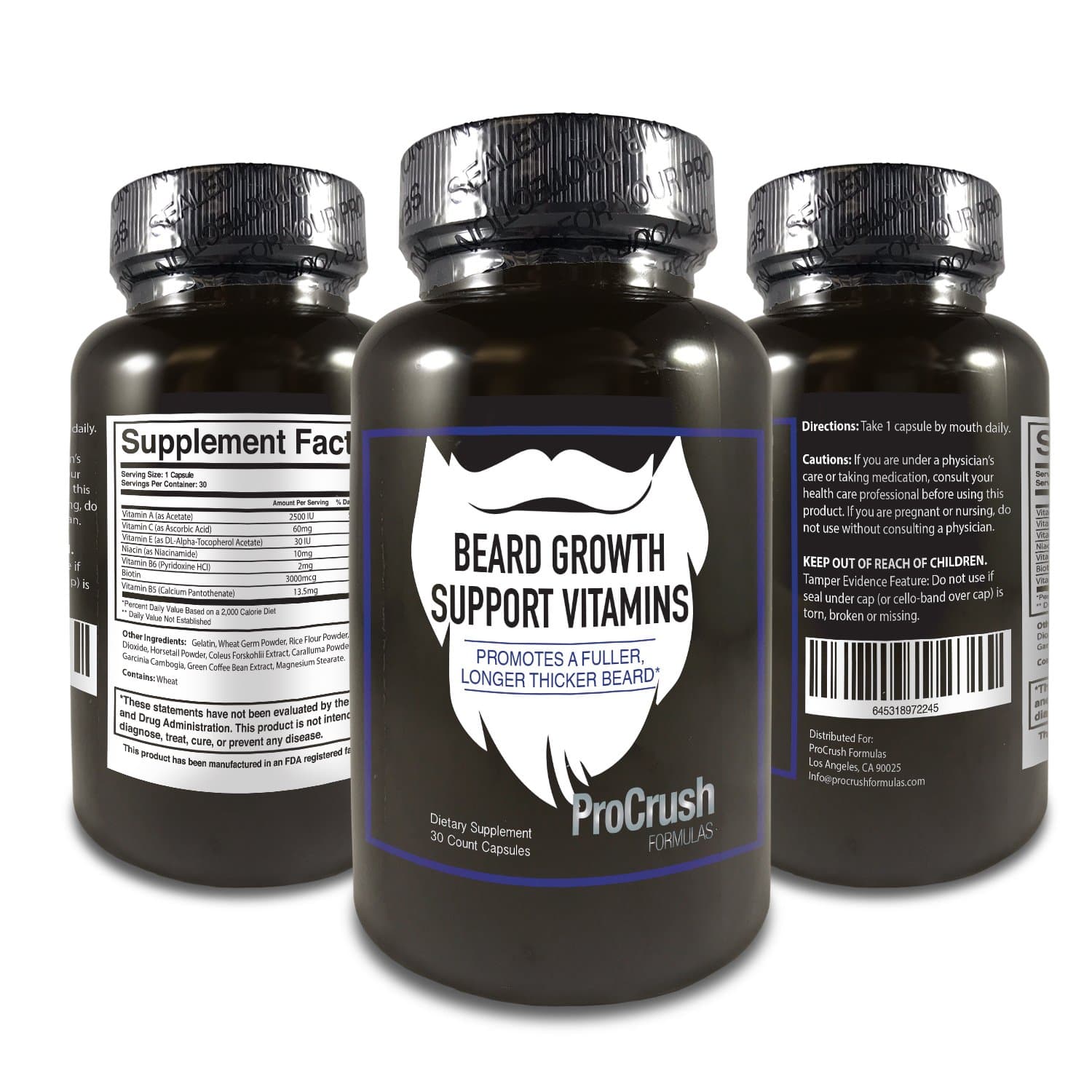 ProCrush Formulas Beard Growth Support Multivitamins- Grow Longer Fuller Thicker Healthier Beard Hair. Natural Supplement Vitamin with Biotin for Men