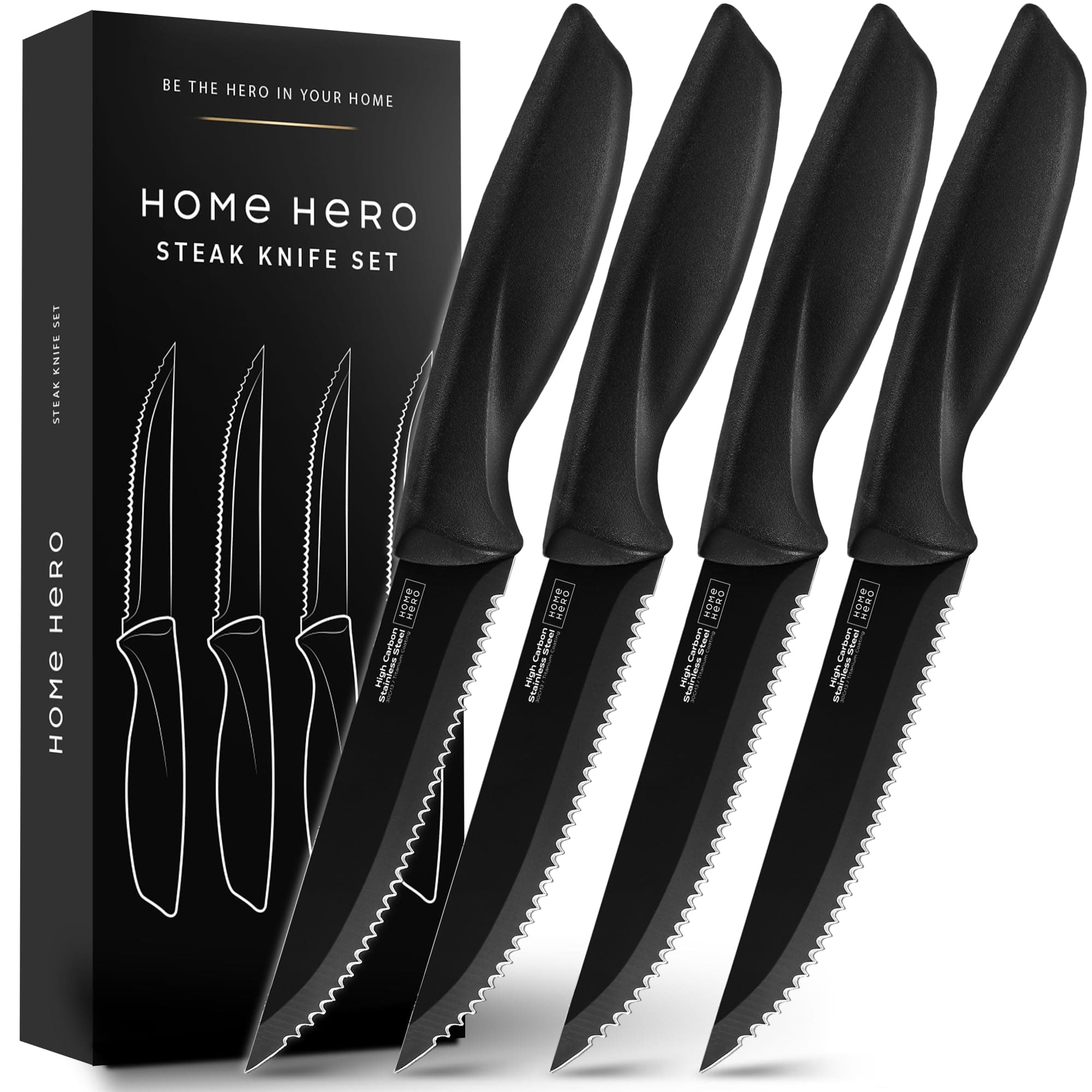 Home Hero Steak Knife Set - Effortless Cutting & Serrated Steak Knives - Rust-Resistant Stainless Steel Blades & Cutlery Set - Comfort-Grip Handles & Kitchen Knife Set - Pack of 4, Black