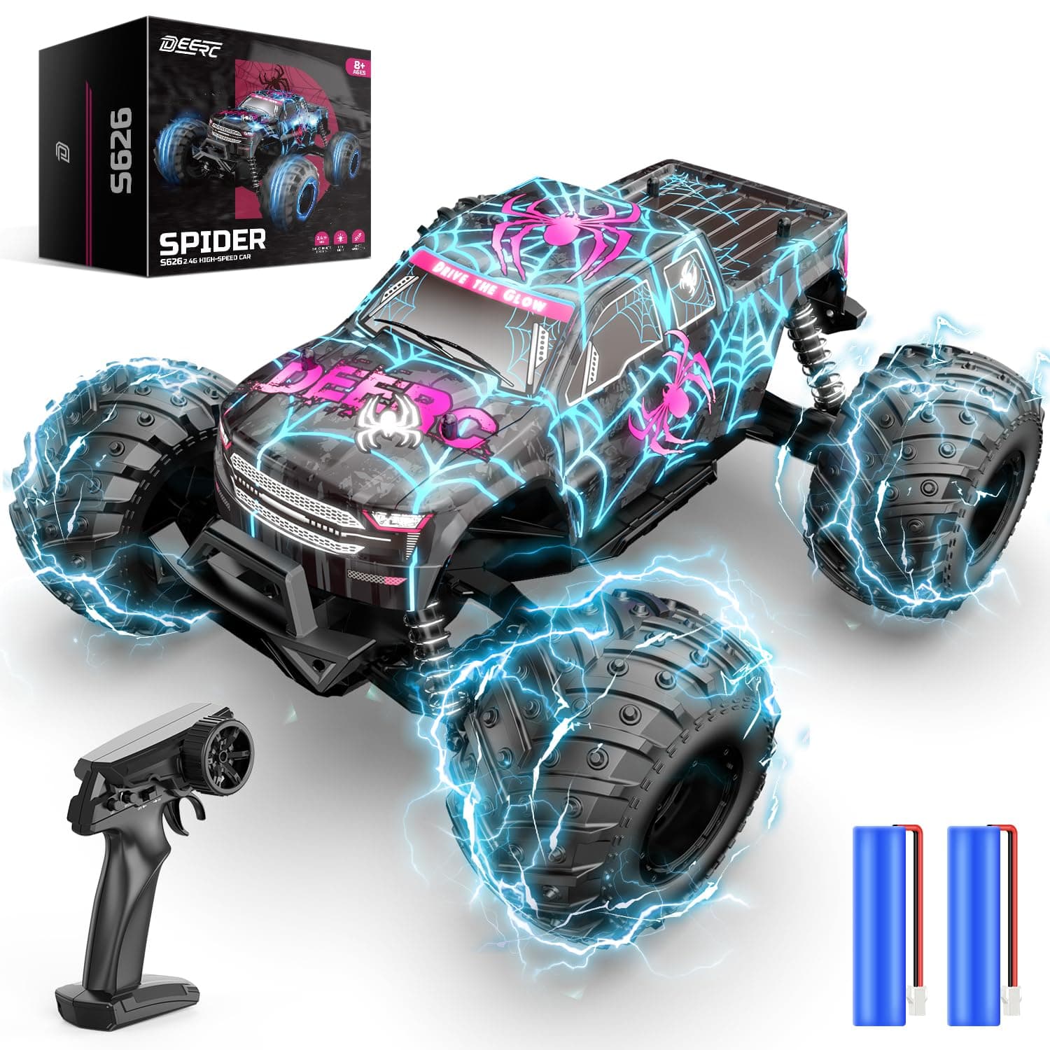 1/16 Glowing Spider Remote Control Car - 15KM/H Fast RC Cars W/2 Rechargeable Batteries for 30 Min Play, All Terrain Off-Road Monster Truck Toys for Boys Kids Age 4-7 8-12 Birthday Xmas Gift