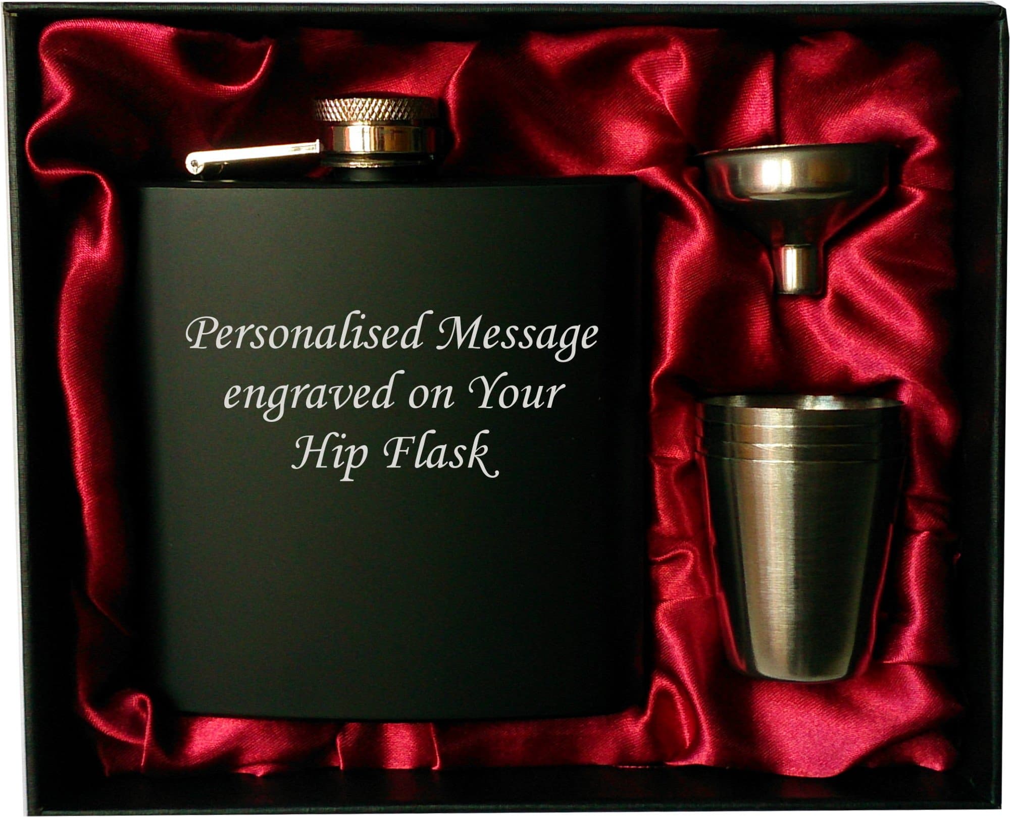 Personalised 6oz black HIP FLASK IN GIFT BOX with funnel and 4 shots (red liner) wedding gift, birthday gift, fathers day, Christmas gift