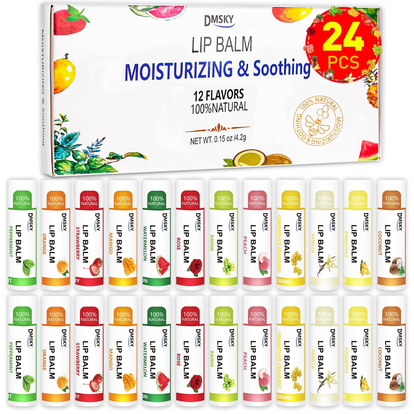 DMSKY 24 Pack Lip Balm Bulk, Moisturizing with Coconut Oil & Vitamin E for Dry Cracked Lips, Natural Lip Care Party Favors for Kids & Adults-12 Flavors