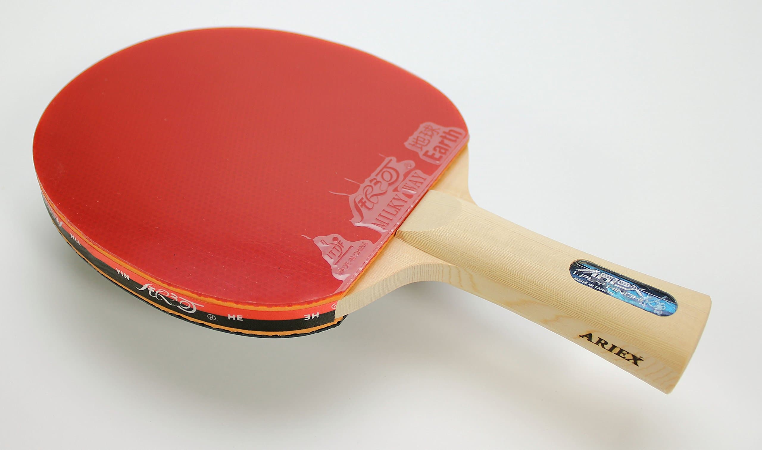 Custom Table Tennis Paddle with Ariex 1 Ply Hinoki Flared, Round Head and YinHe Earth Rubbers