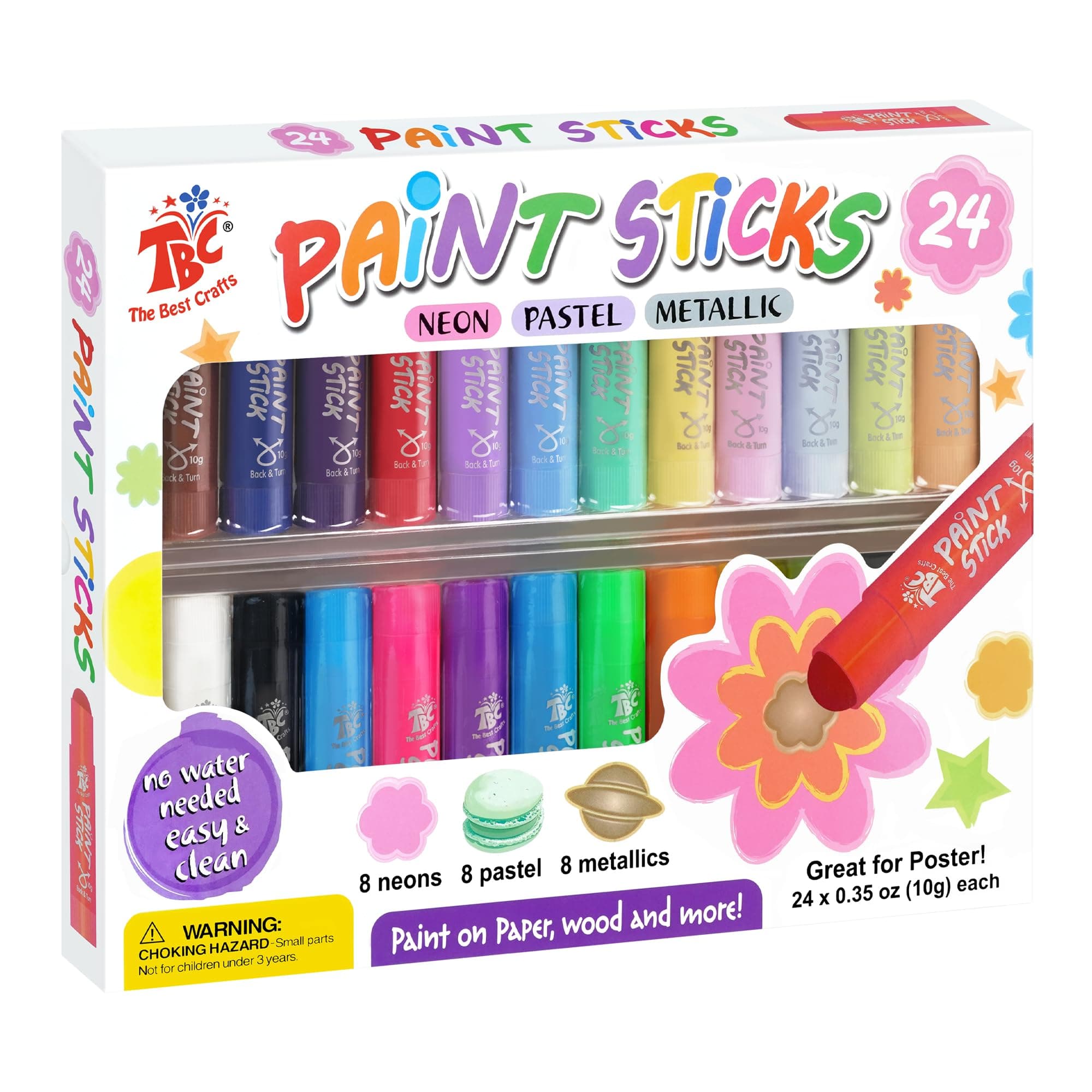 TBC The Best Crafts 24 Colors Mixed pack, Washable Paint, Non-toxic, Tempera Paint Sticks for Kids and Students