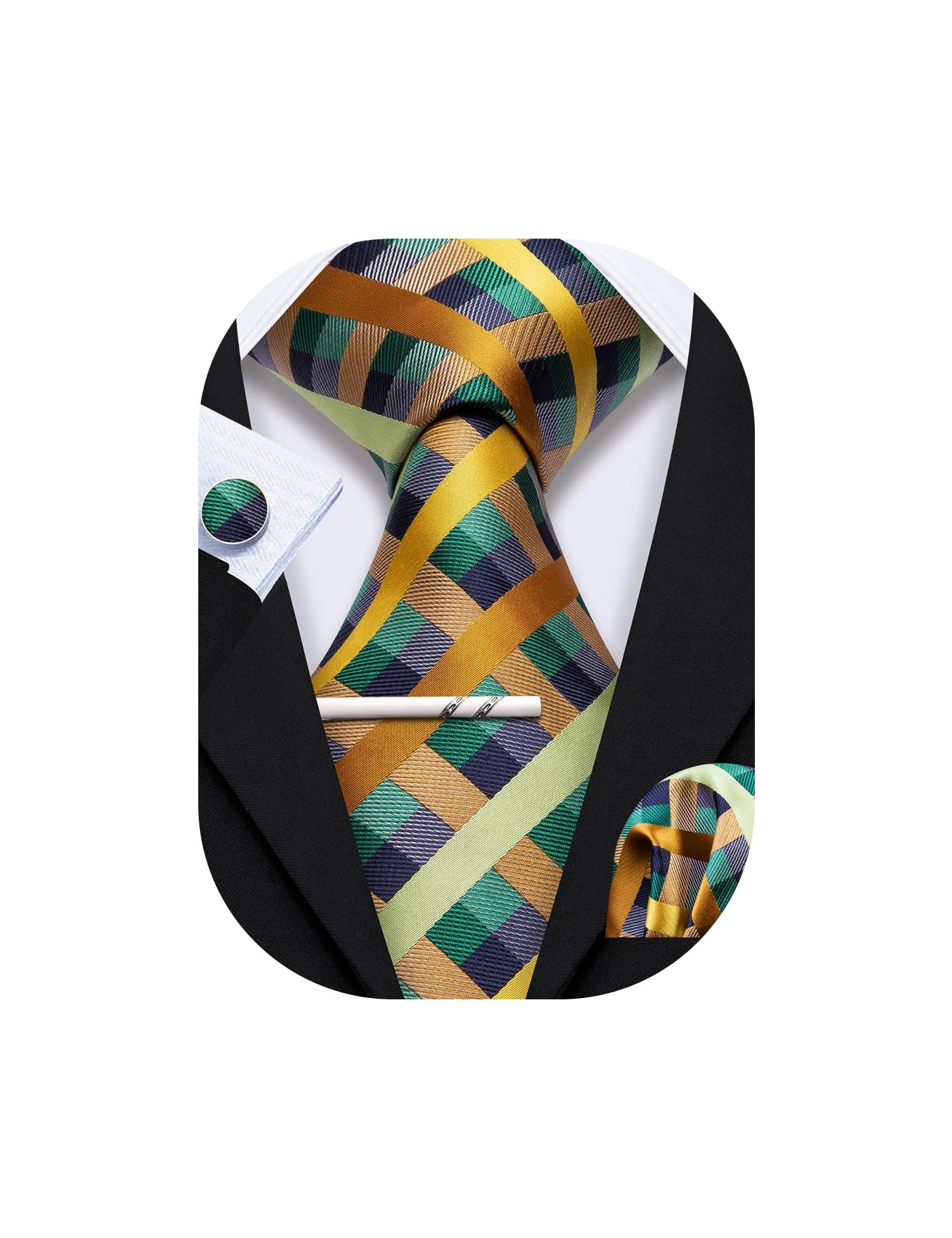 YOHOWA Plaid/Stripe Men Tie Set Silk Necktie Handkerchief Cufflink Formal Business Wedding Party